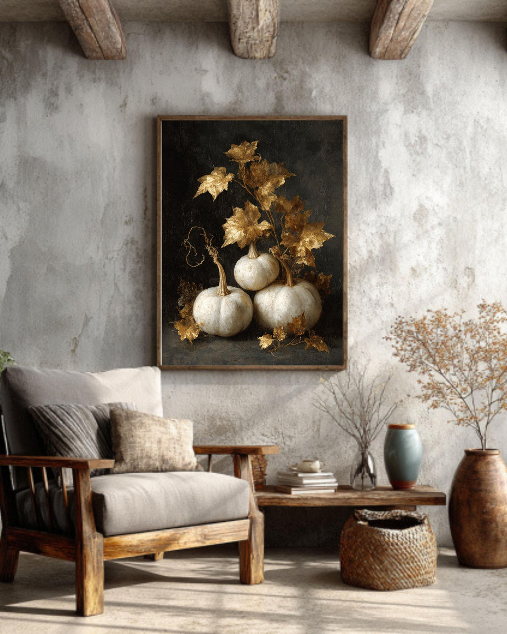 Vintage Pumpkin Painting Canvas, Neutral Fall Farmhouse Wall Art