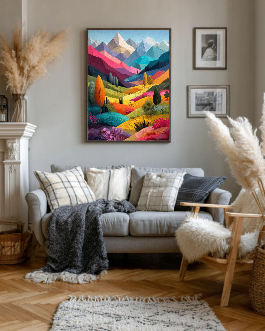 Abstract Mountain Canvas Art: Colorful Patchwork Landscape Painting
