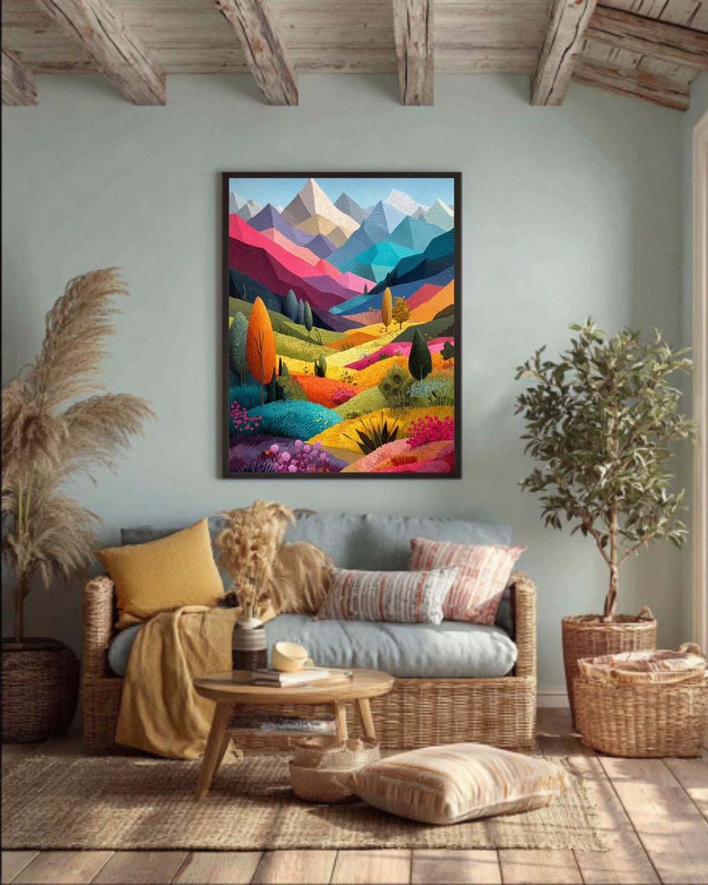 Abstract Mountain Canvas Art: Colorful Patchwork Landscape Painting