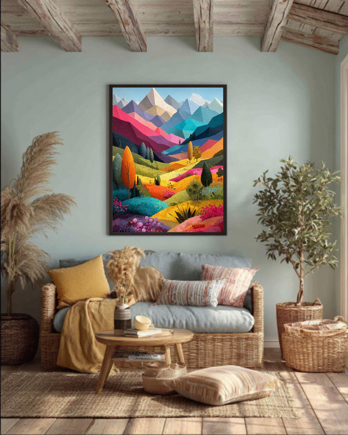 Abstract Mountain Canvas Art: Colorful Patchwork Landscape Painting
