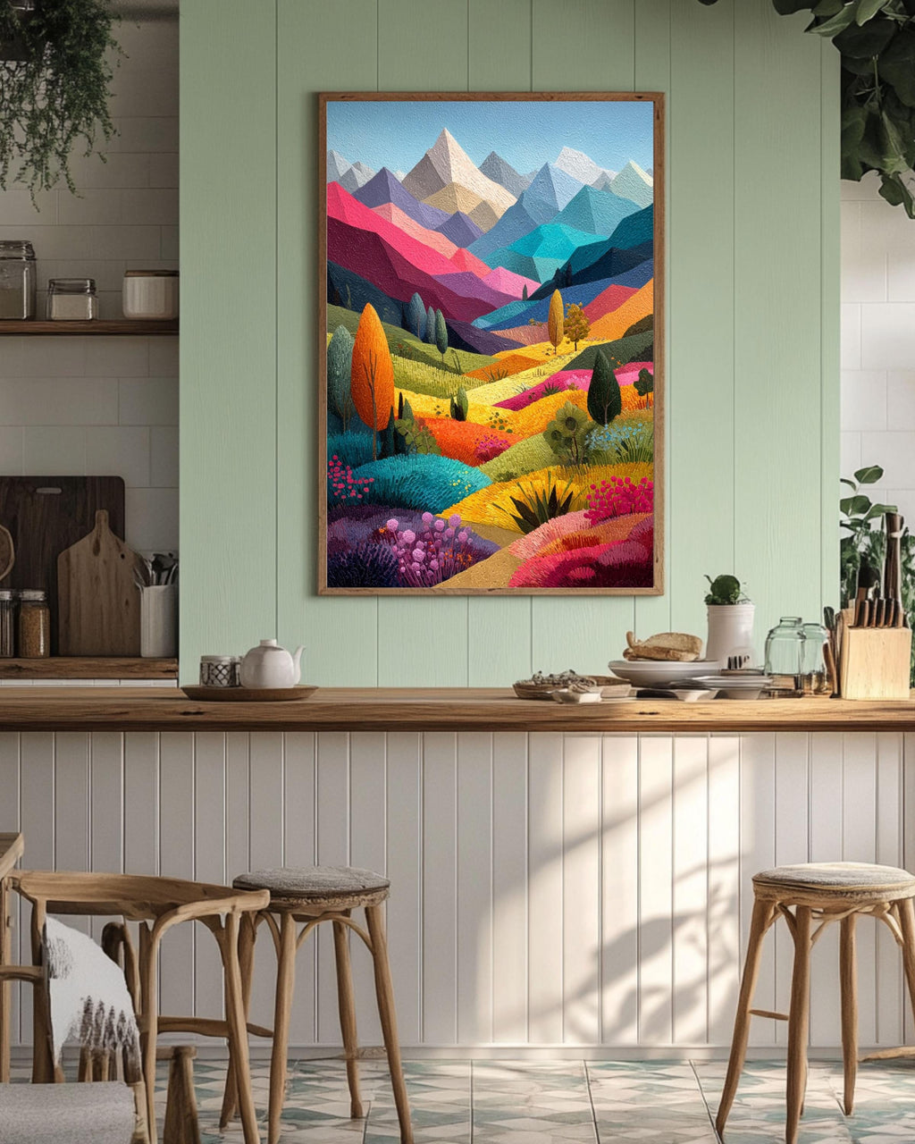 Abstract Mountain Canvas Art: Colorful Patchwork Landscape Painting