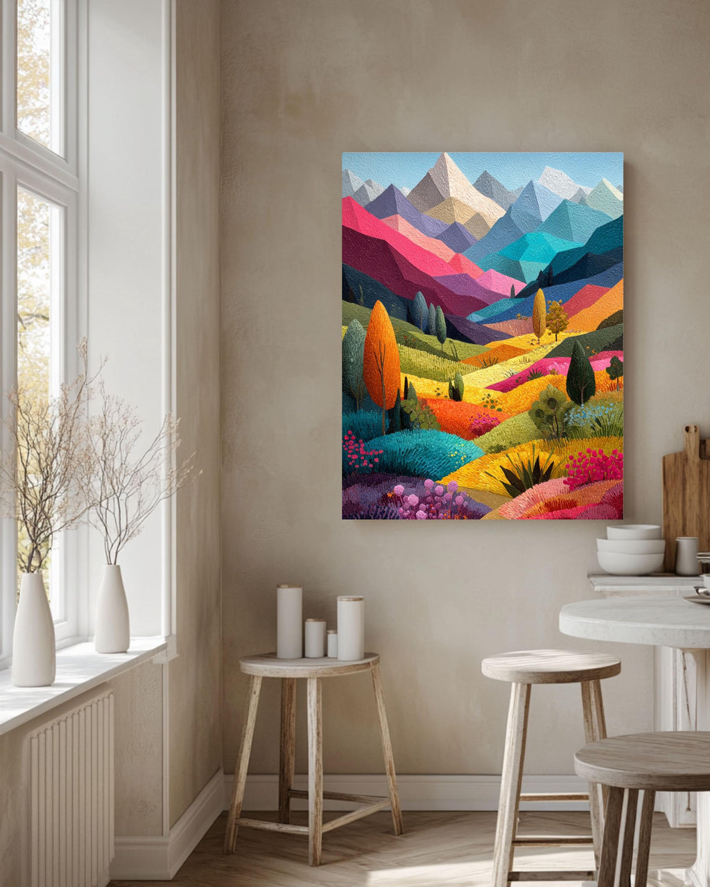 Abstract Mountain Canvas Art: Colorful Patchwork Landscape Painting