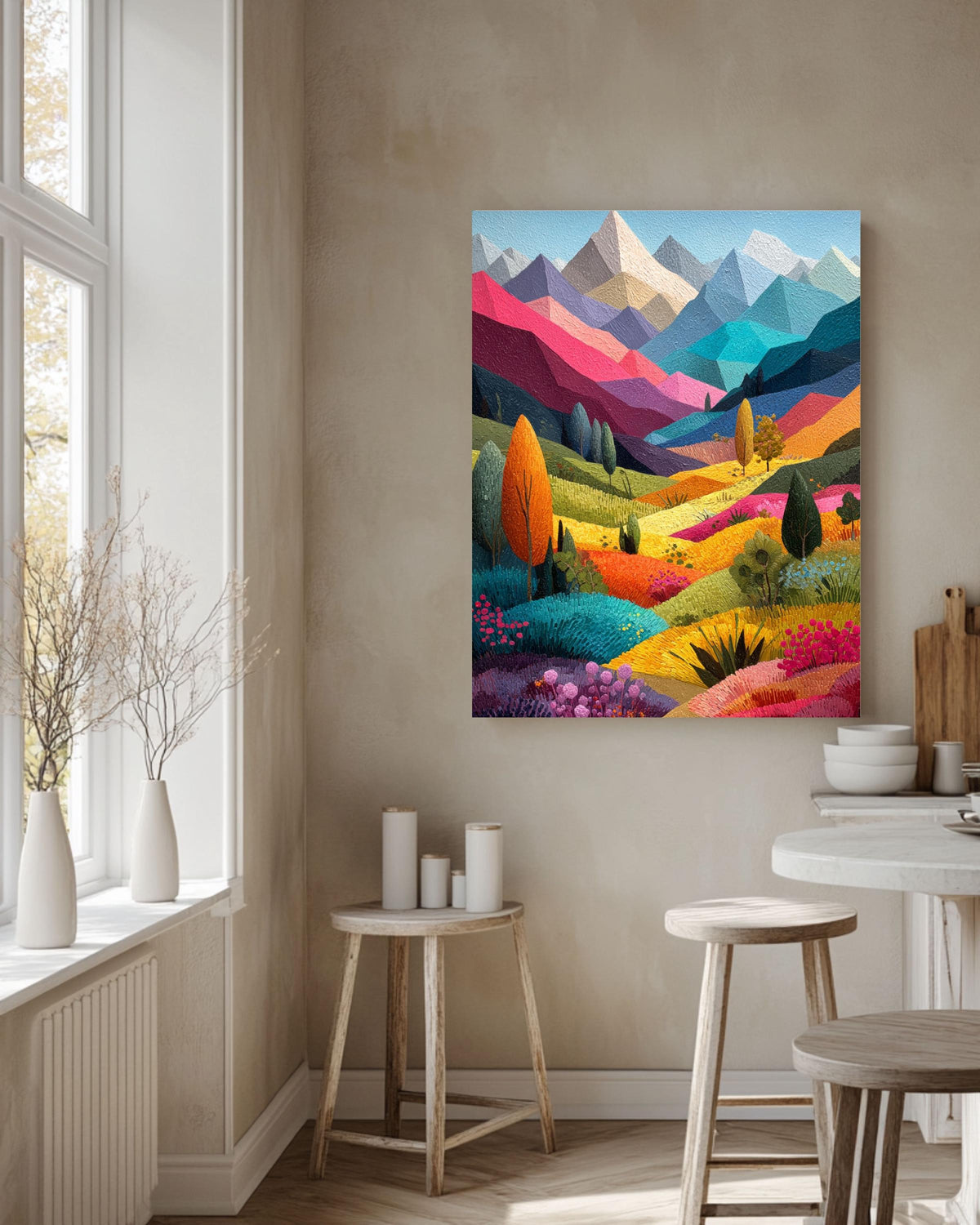 Abstract Mountain Canvas Art: Colorful Patchwork Landscape Painting