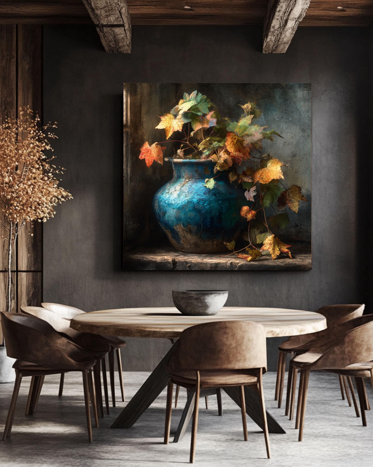 Autumn Leaves Vase Canvas: Moody Farmhouse Wall Art
