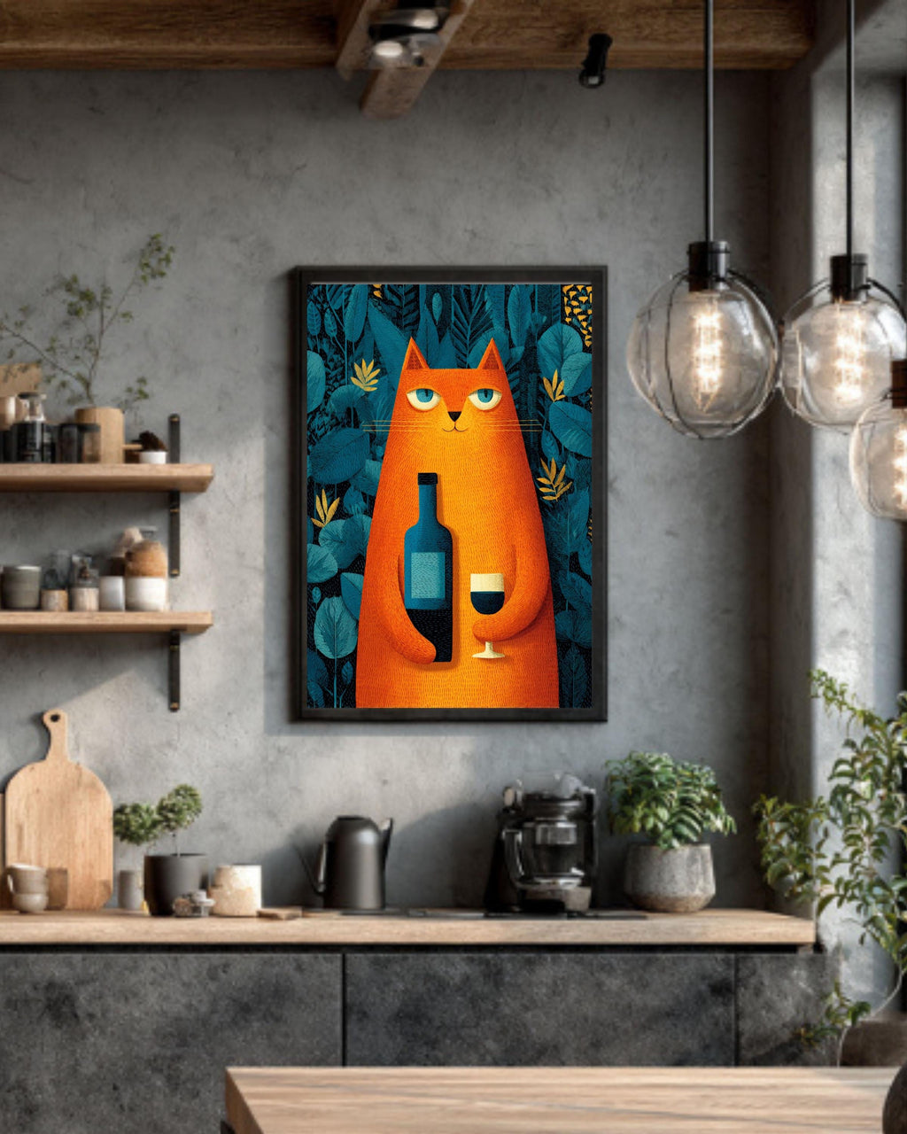 Cat with Wine Wall Art, Retro Bar Cart Poster, Quirky Animal Canvas, Funny Wine Lover Decor for Kitchen or Lounge