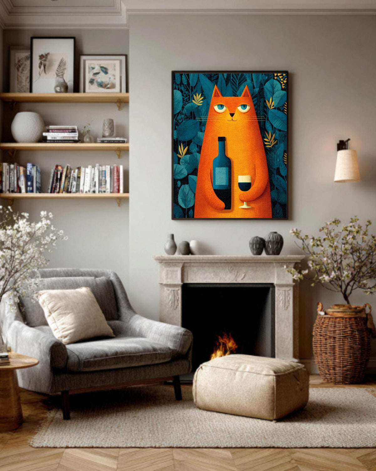 Cat with Wine Wall Art, Retro Bar Cart Poster, Quirky Animal Canvas, Funny Wine Lover Decor for Kitchen or Lounge