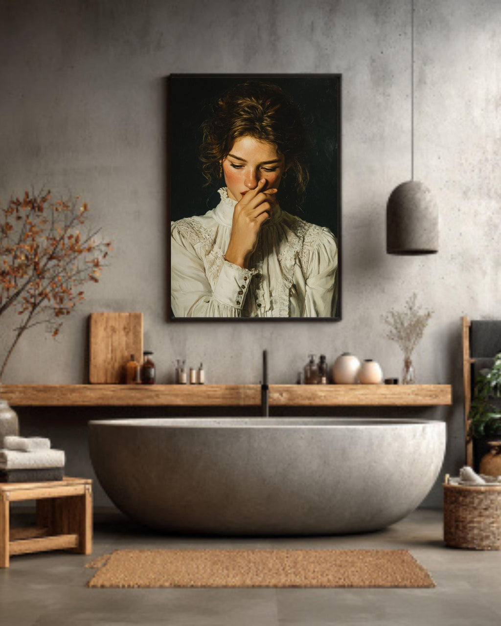Funny Bathroom Canvas Art Print, Vintage Style Woman Portrait