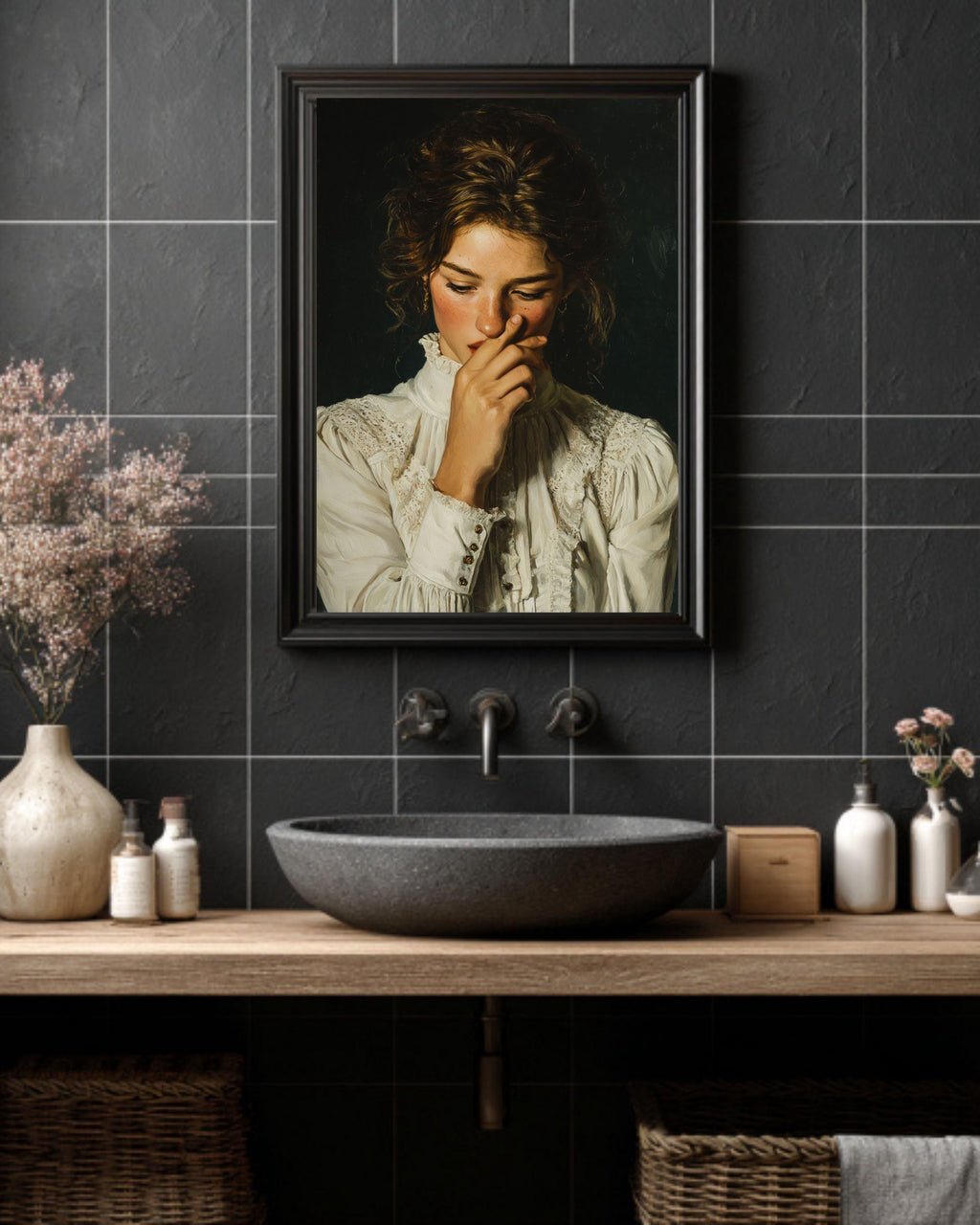Funny Bathroom Canvas Art Print, Vintage Style Woman Portrait