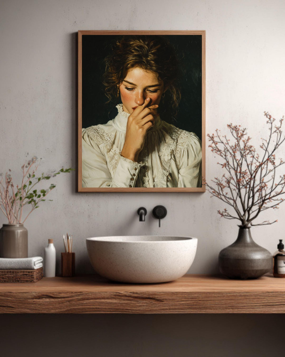 Funny Bathroom Canvas Art Print, Vintage Style Woman Portrait