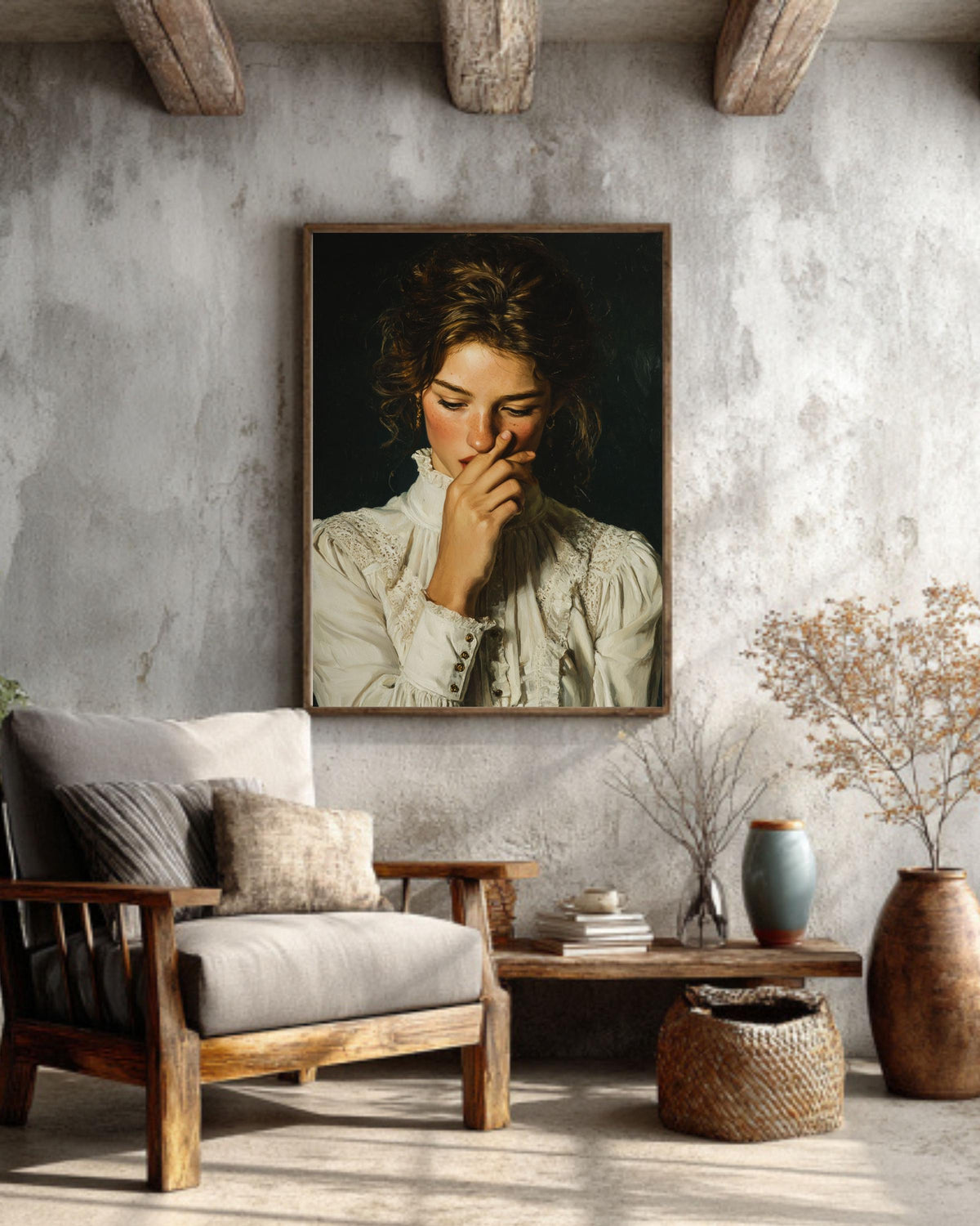 Funny Bathroom Canvas Art Print, Vintage Style Woman Portrait