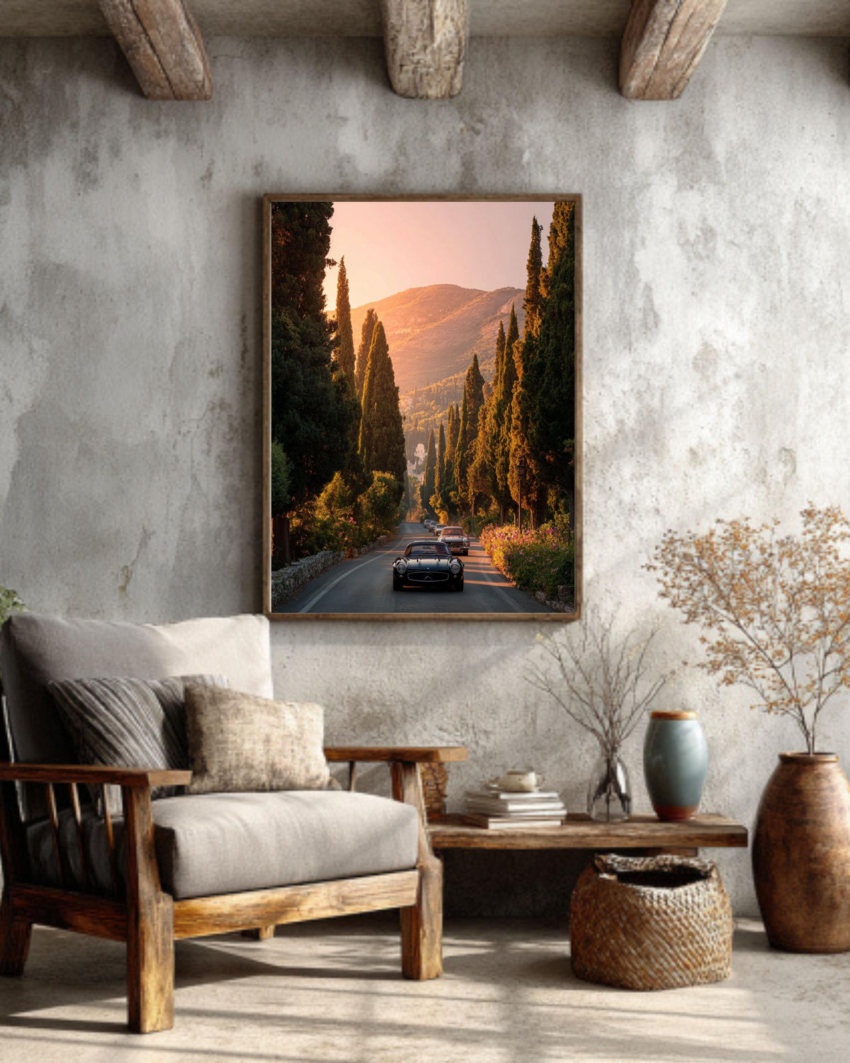 Vintage Mercedes Car Canvas Print, Sunset Road Trip Wall Art