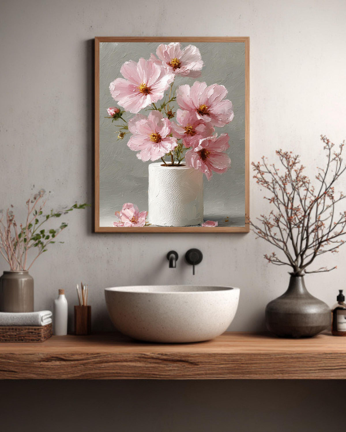 Pink Cosmos Flower Art Print: Whimsical Still Life Painting