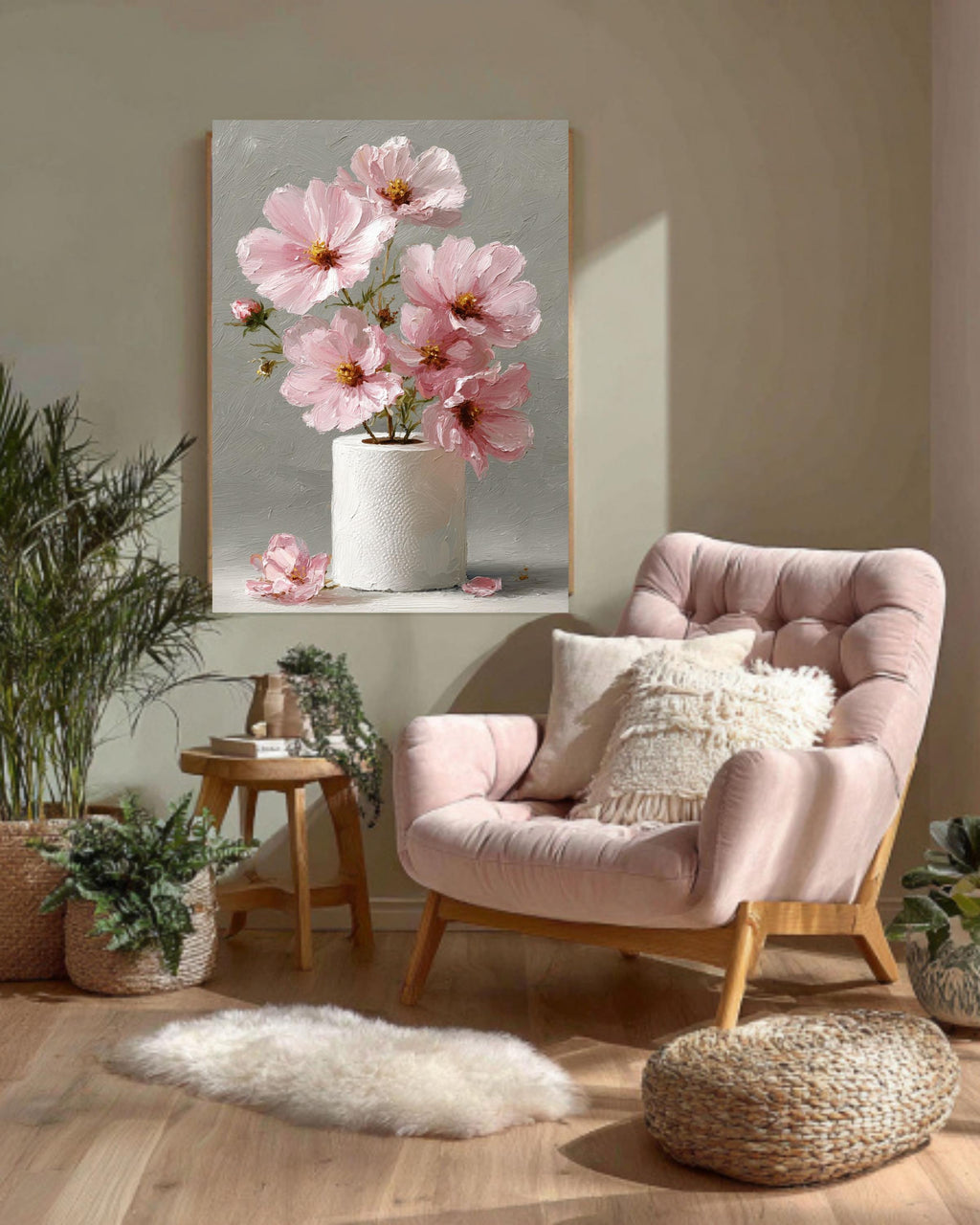 Pink Cosmos Flower Art Print: Whimsical Still Life Painting