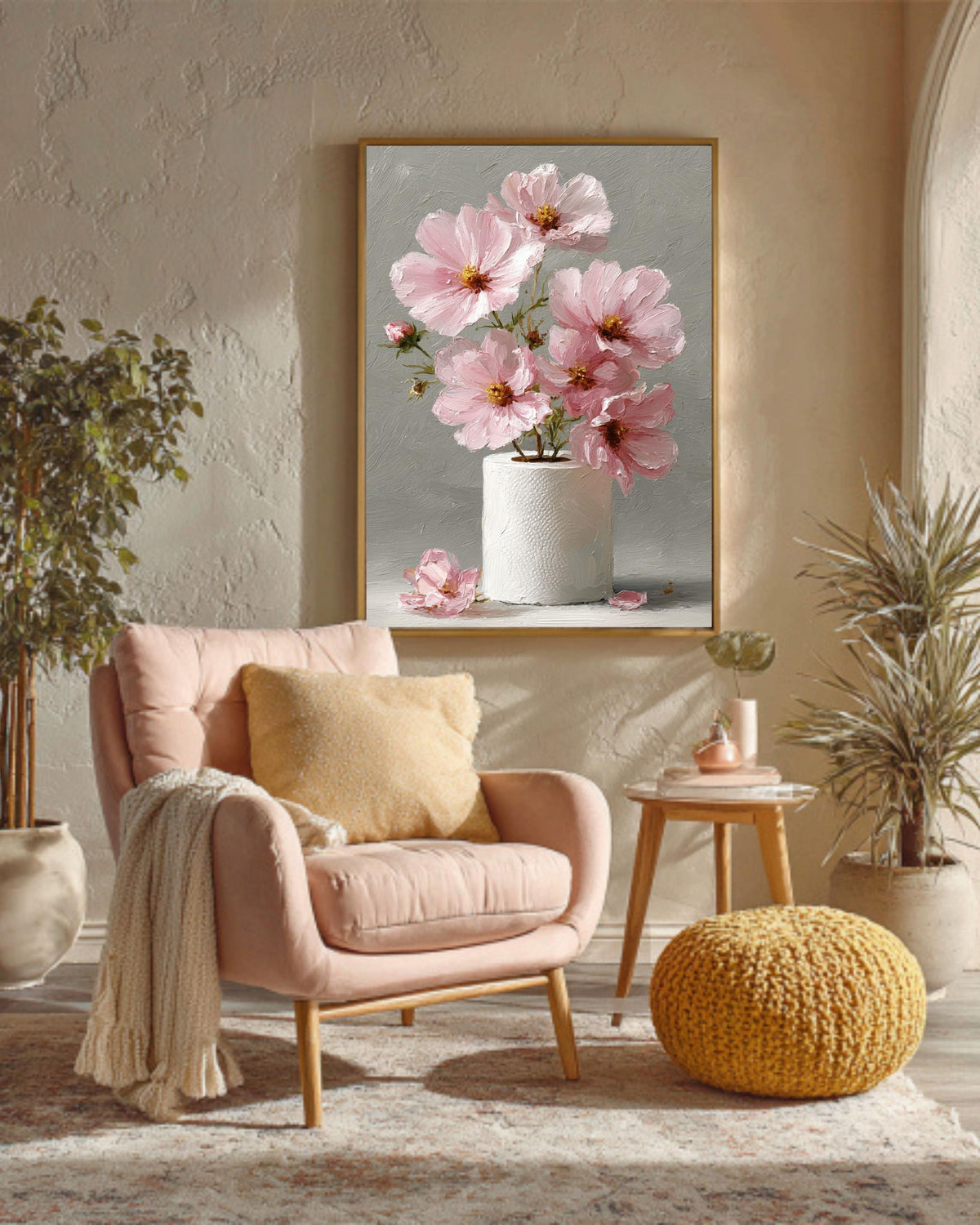 Pink Cosmos Flower Art Print: Whimsical Still Life Painting