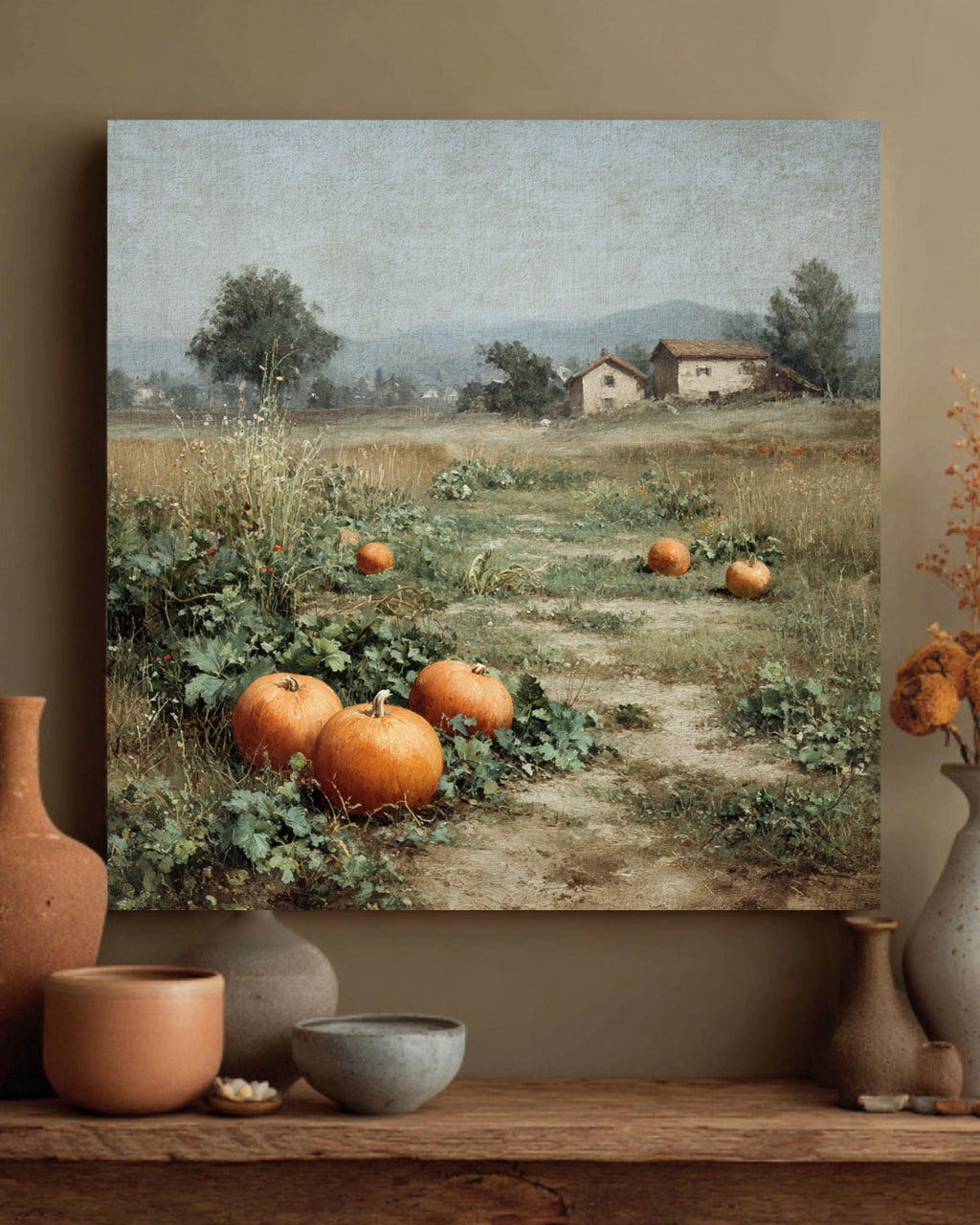 Pumpkin Field Canvas Print: Vintage Farmhouse Fall Landscape Wall Art