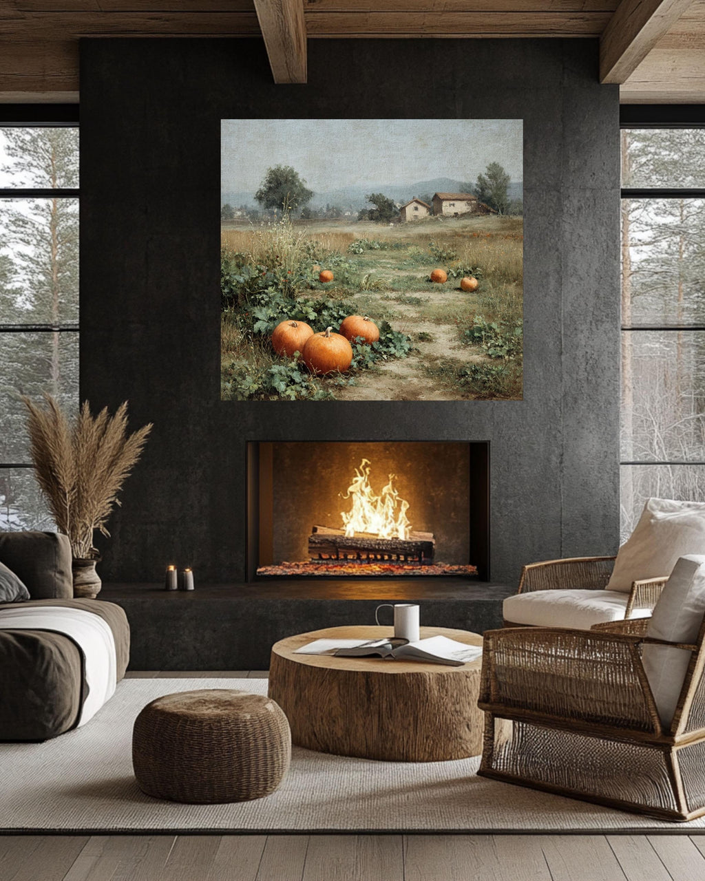 Pumpkin Field Canvas Print: Vintage Farmhouse Fall Landscape Wall Art