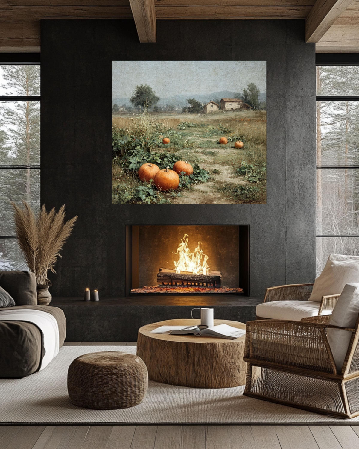 Pumpkin Field Canvas Print: Vintage Farmhouse Fall Landscape Wall Art