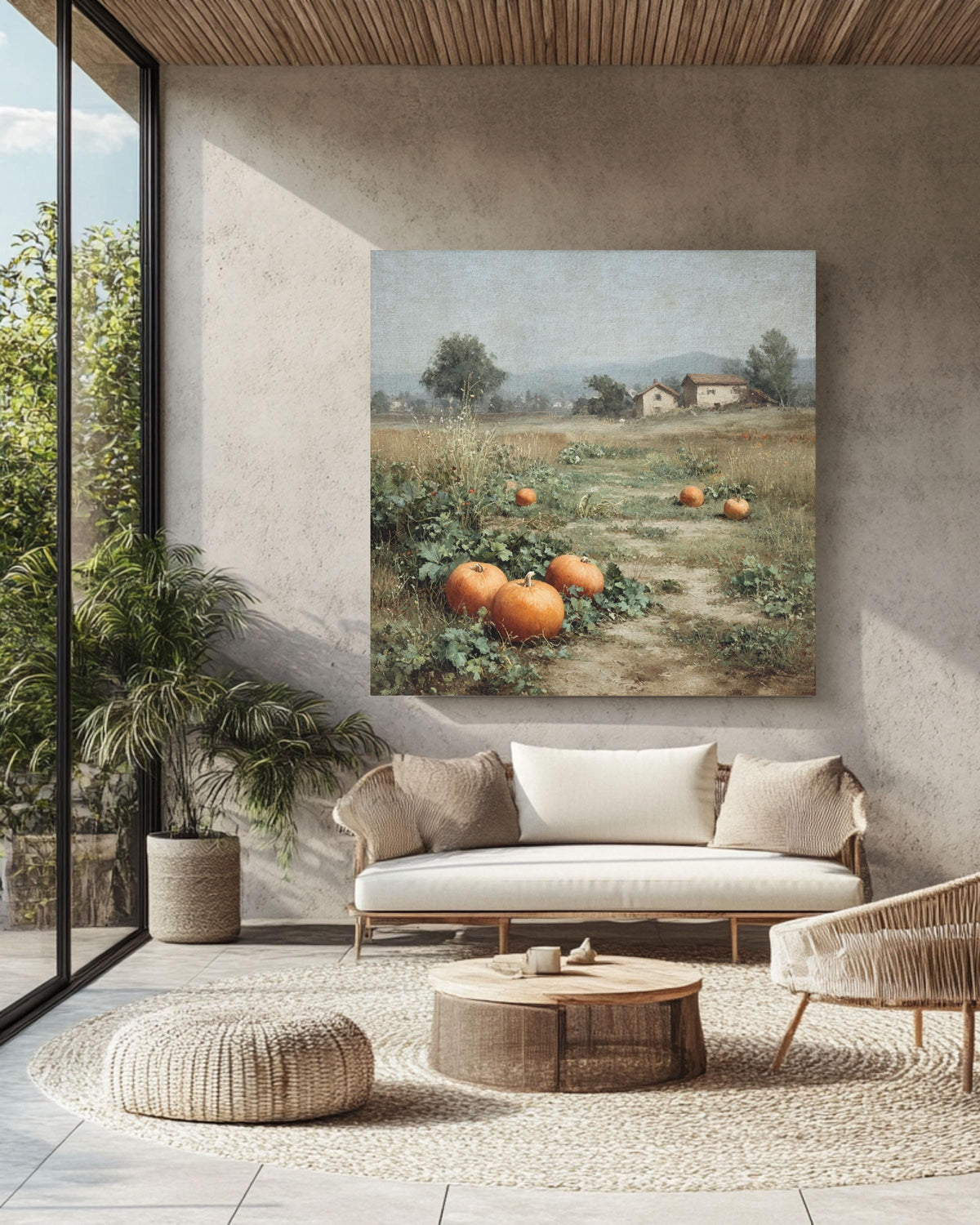 Pumpkin Field Canvas Print: Vintage Farmhouse Fall Landscape Wall Art