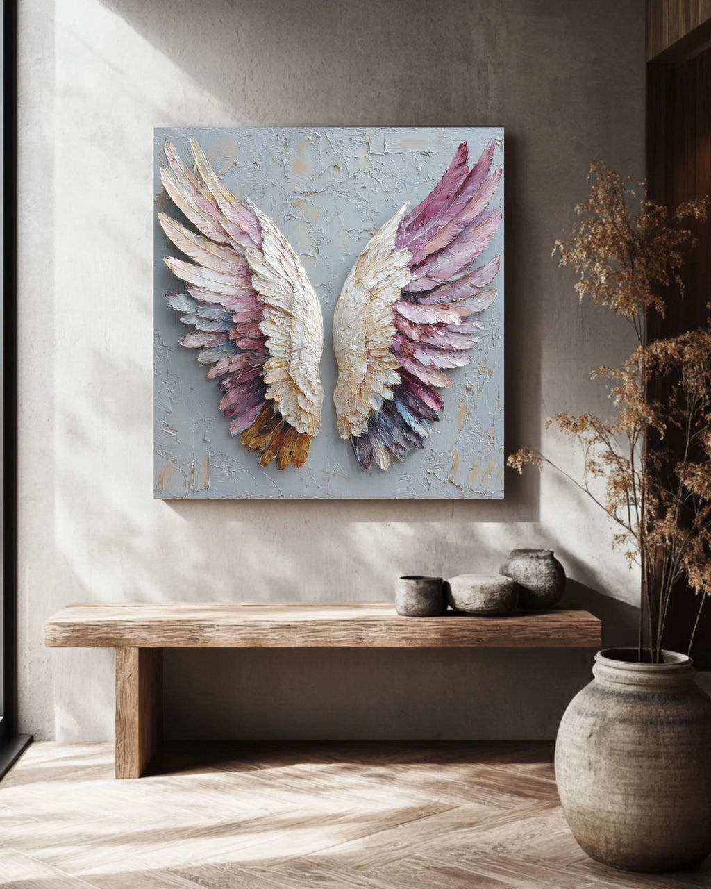 Textured Angel Wings Painting on Canvas: Impasto Wall Art Print