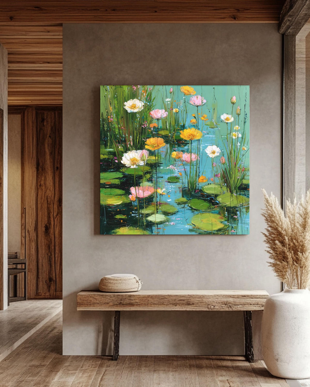 Monet Inspired Water Lilies Canvas Print: Aqua Blue Floral Pond Art