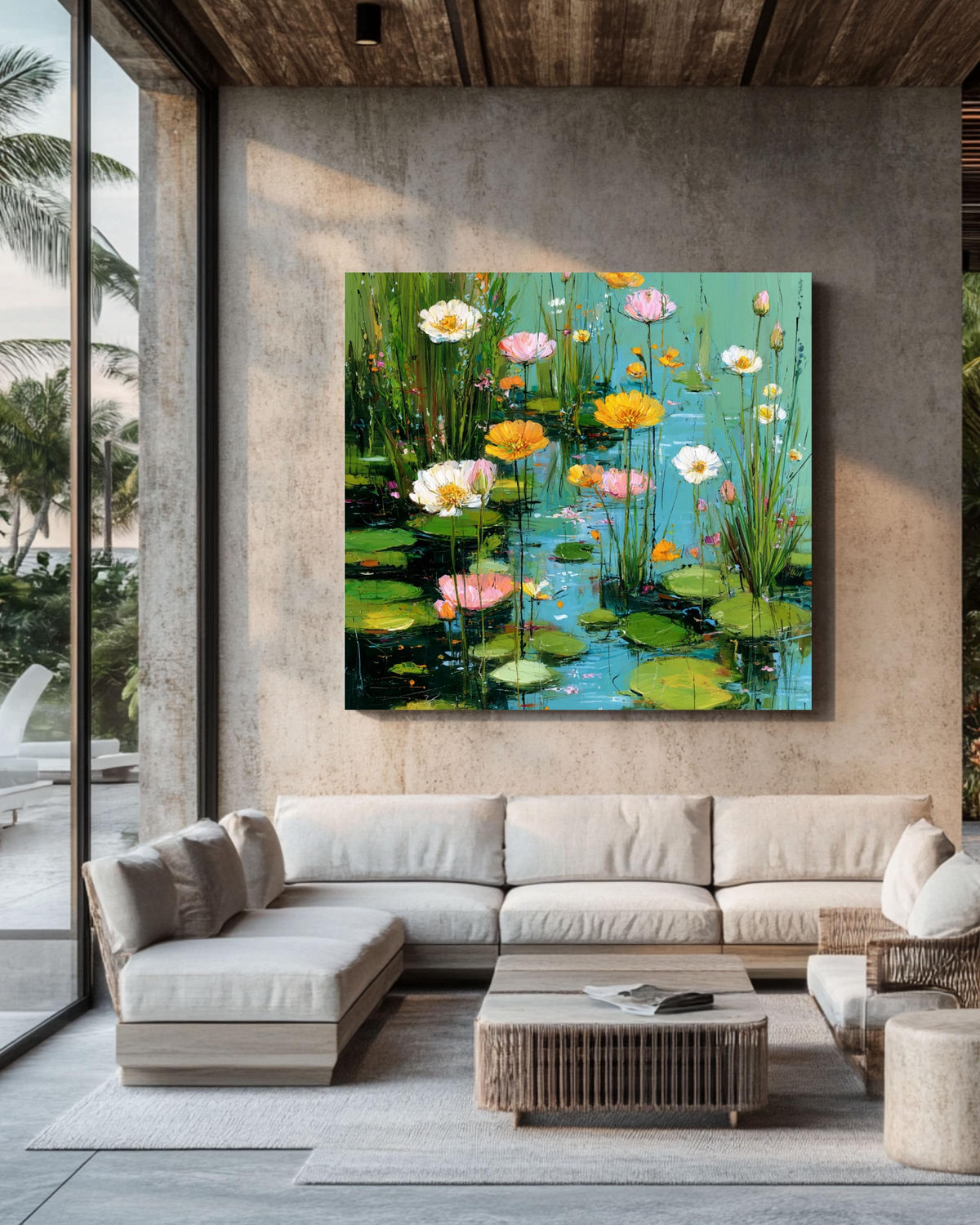 Monet Inspired Water Lilies Canvas Print: Aqua Blue Floral Pond Art