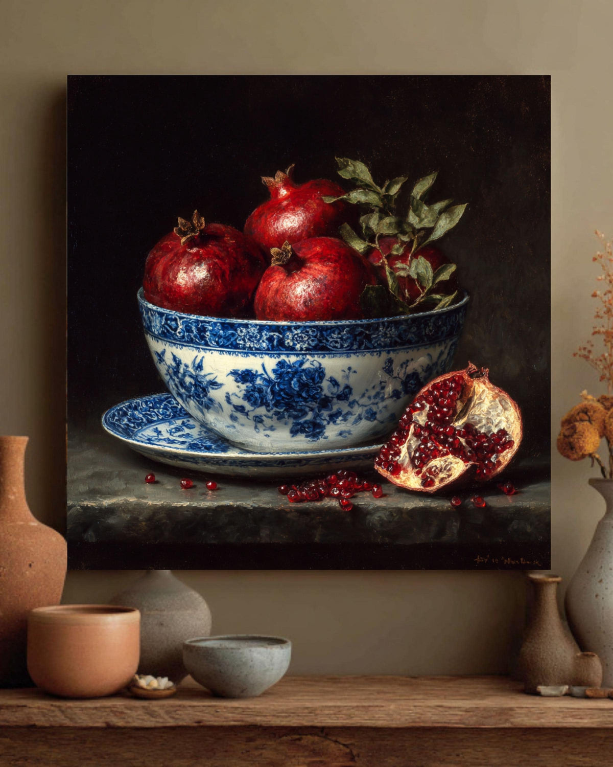 Pomegranate Still Life Canvas: Blue Porcelain Bowl, Dark Academia Kitchen Art