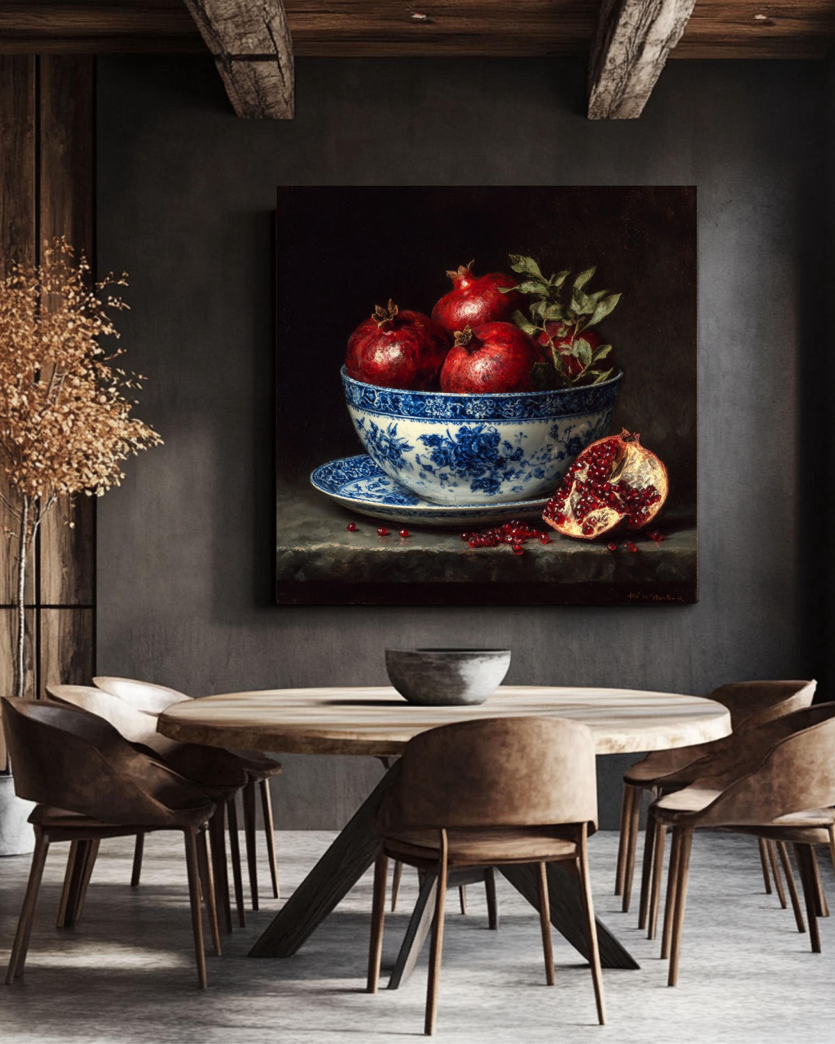 Pomegranate Still Life Canvas: Blue Porcelain Bowl, Dark Academia Kitchen Art