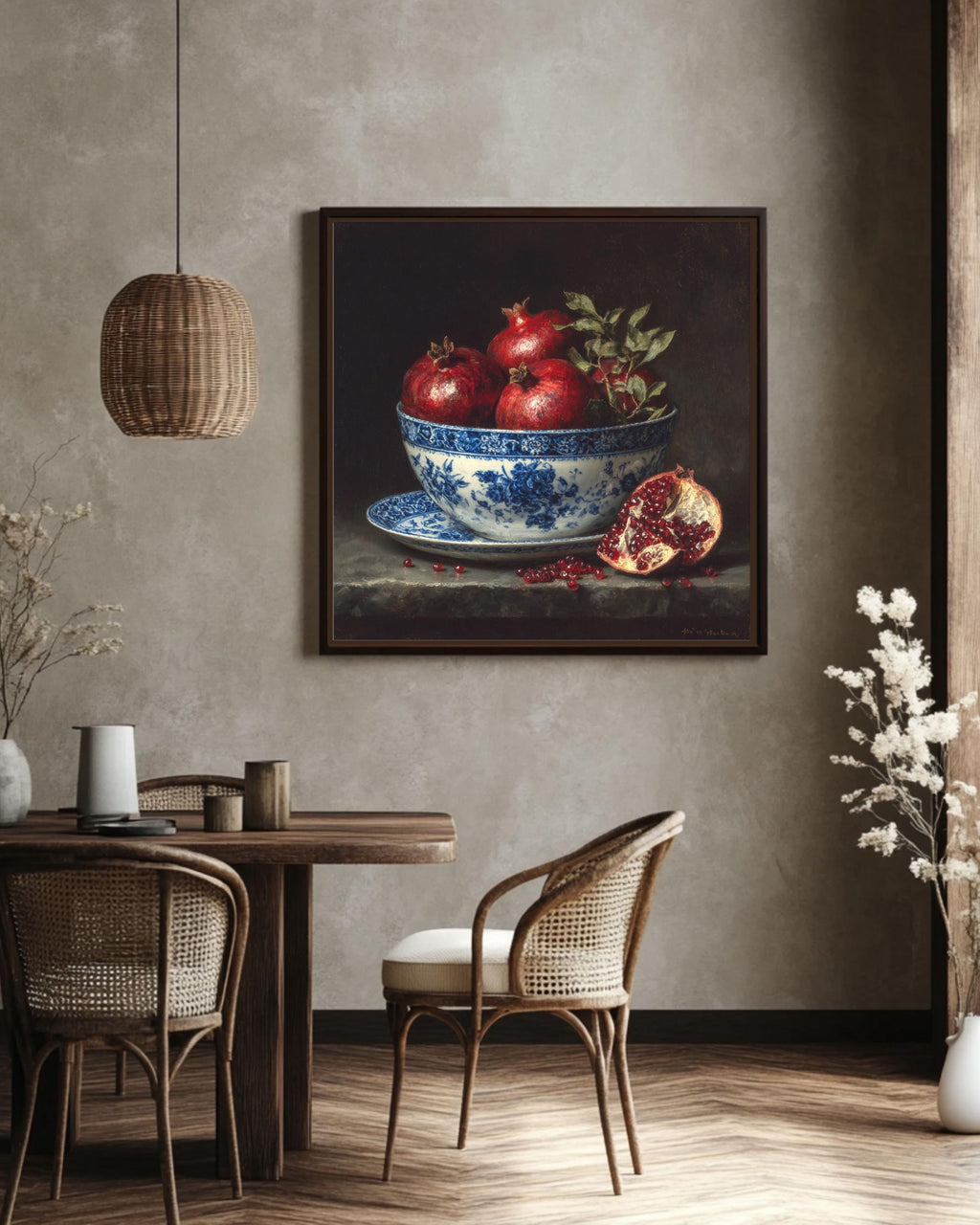 Pomegranate Still Life Canvas: Blue Porcelain Bowl, Dark Academia Kitchen Art