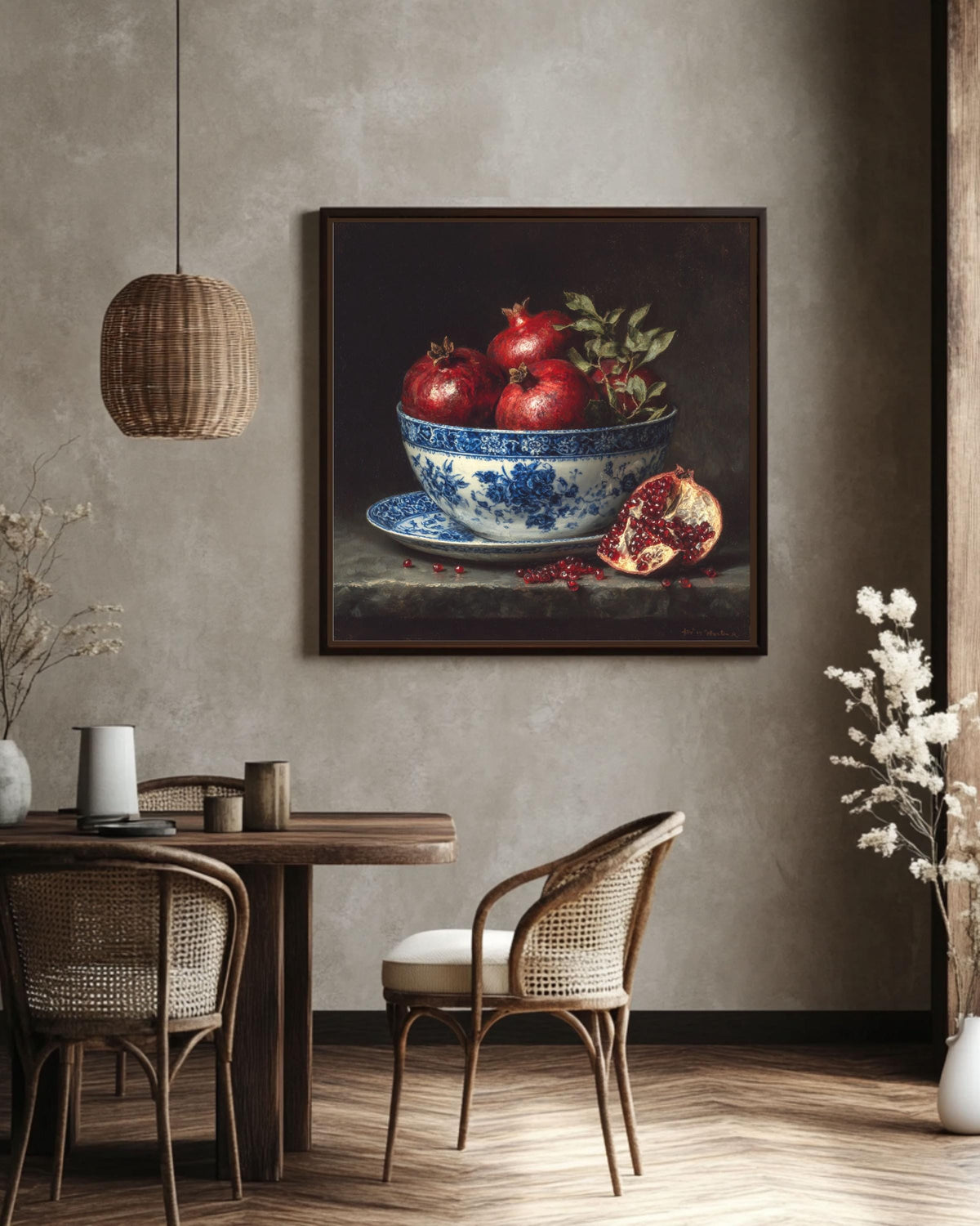 Pomegranate Still Life Canvas: Blue Porcelain Bowl, Dark Academia Kitchen Art