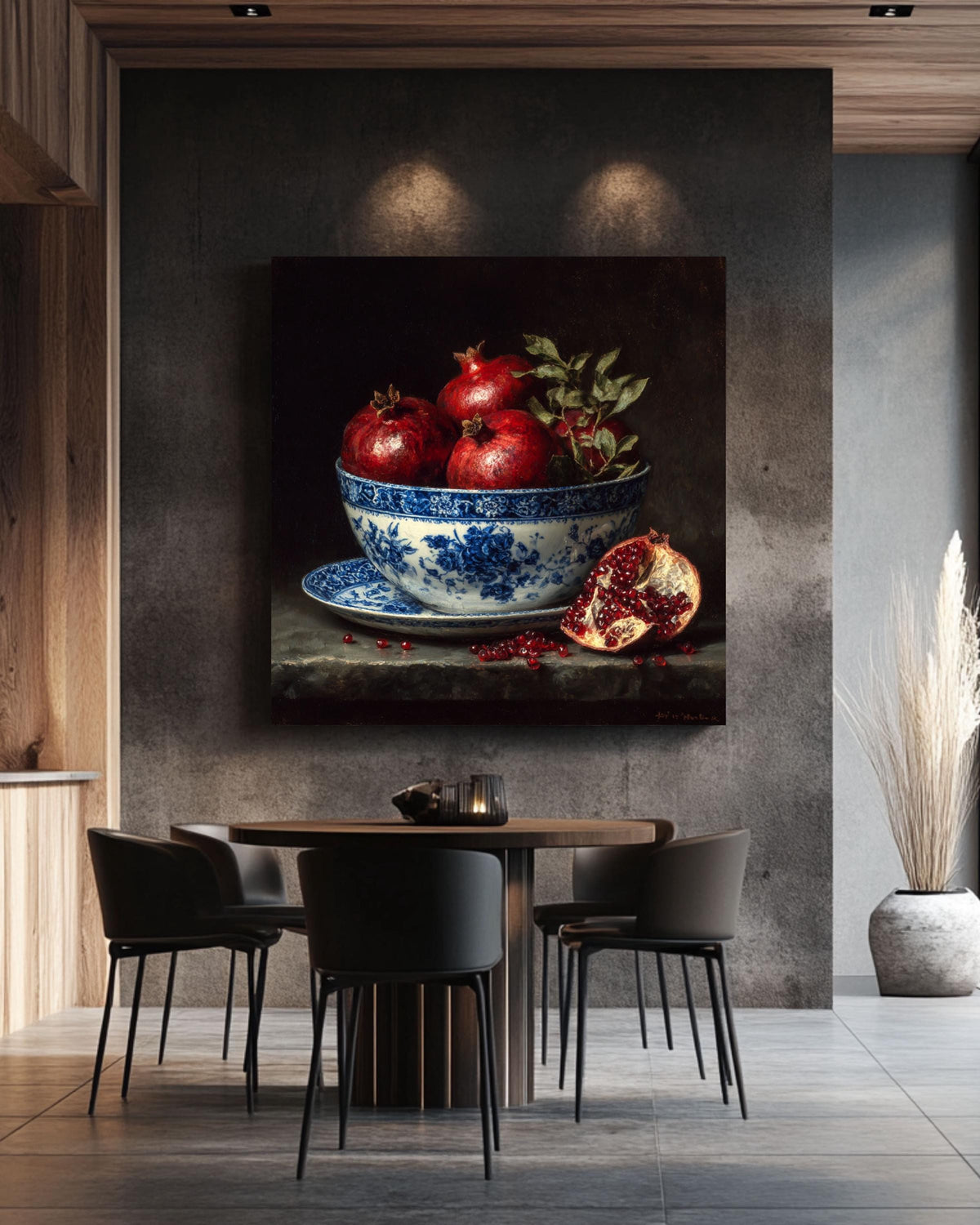Pomegranate Still Life Canvas: Blue Porcelain Bowl, Dark Academia Kitchen Art