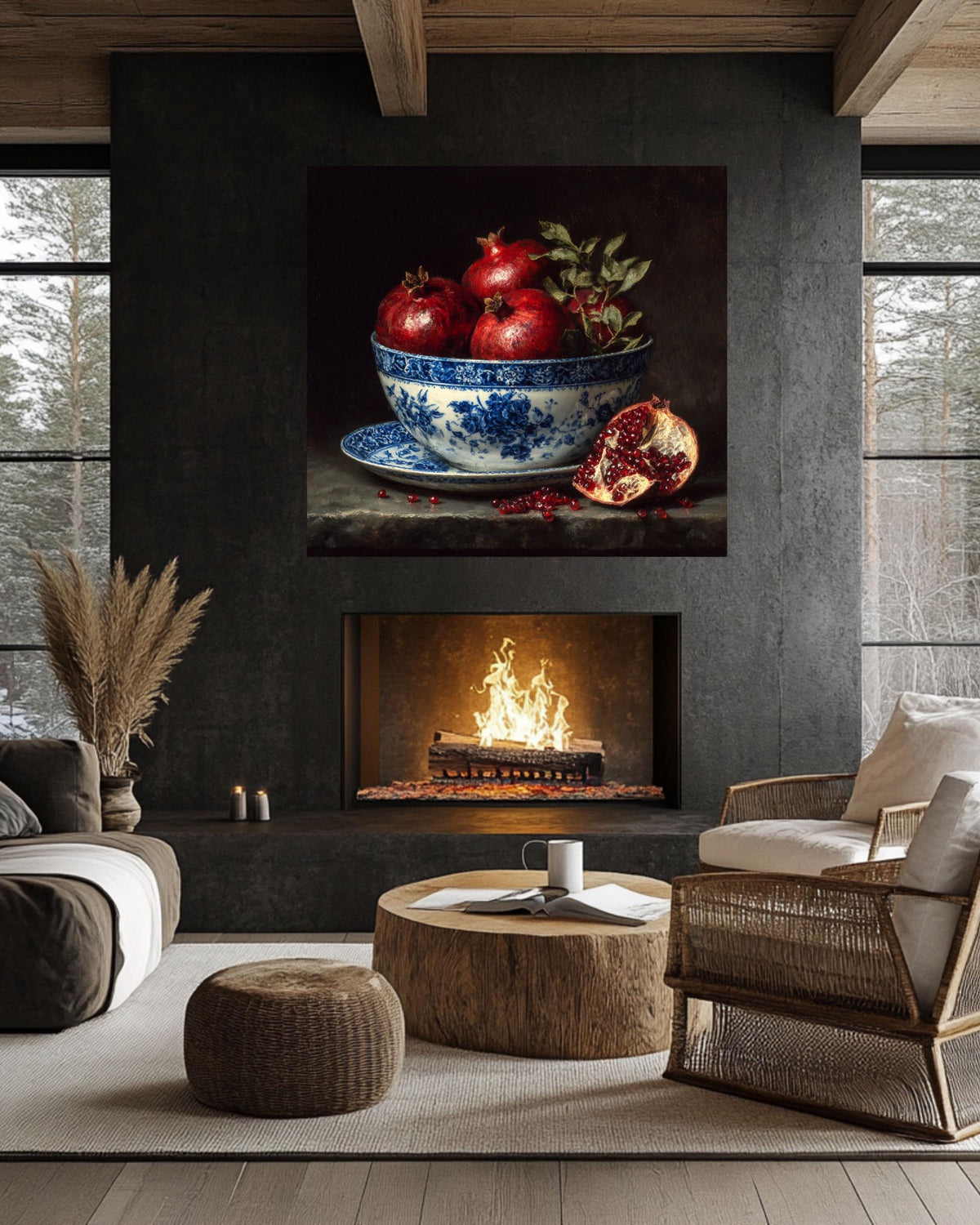 Pomegranate Still Life Canvas: Blue Porcelain Bowl, Dark Academia Kitchen Art