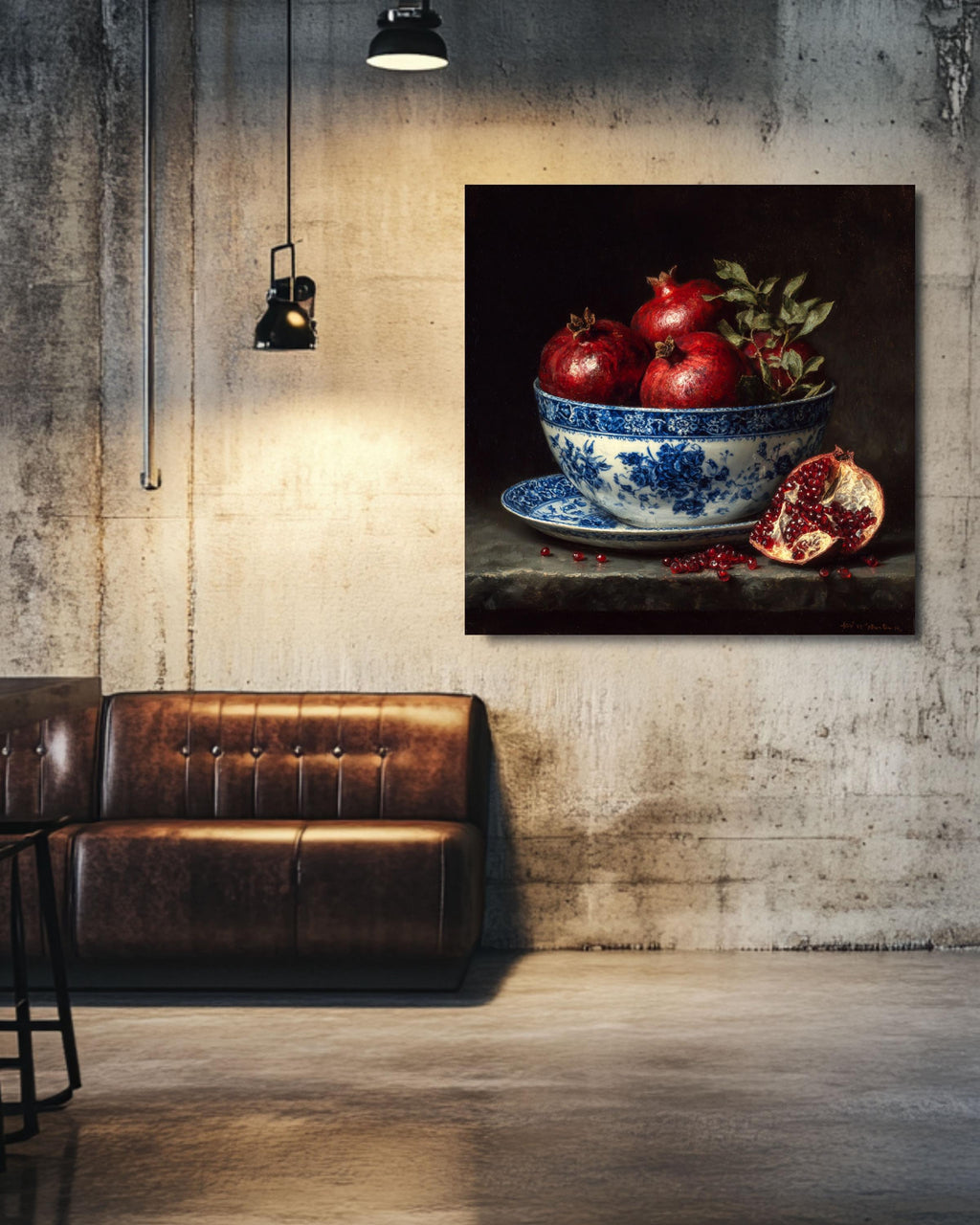 Pomegranate Still Life Canvas: Blue Porcelain Bowl, Dark Academia Kitchen Art