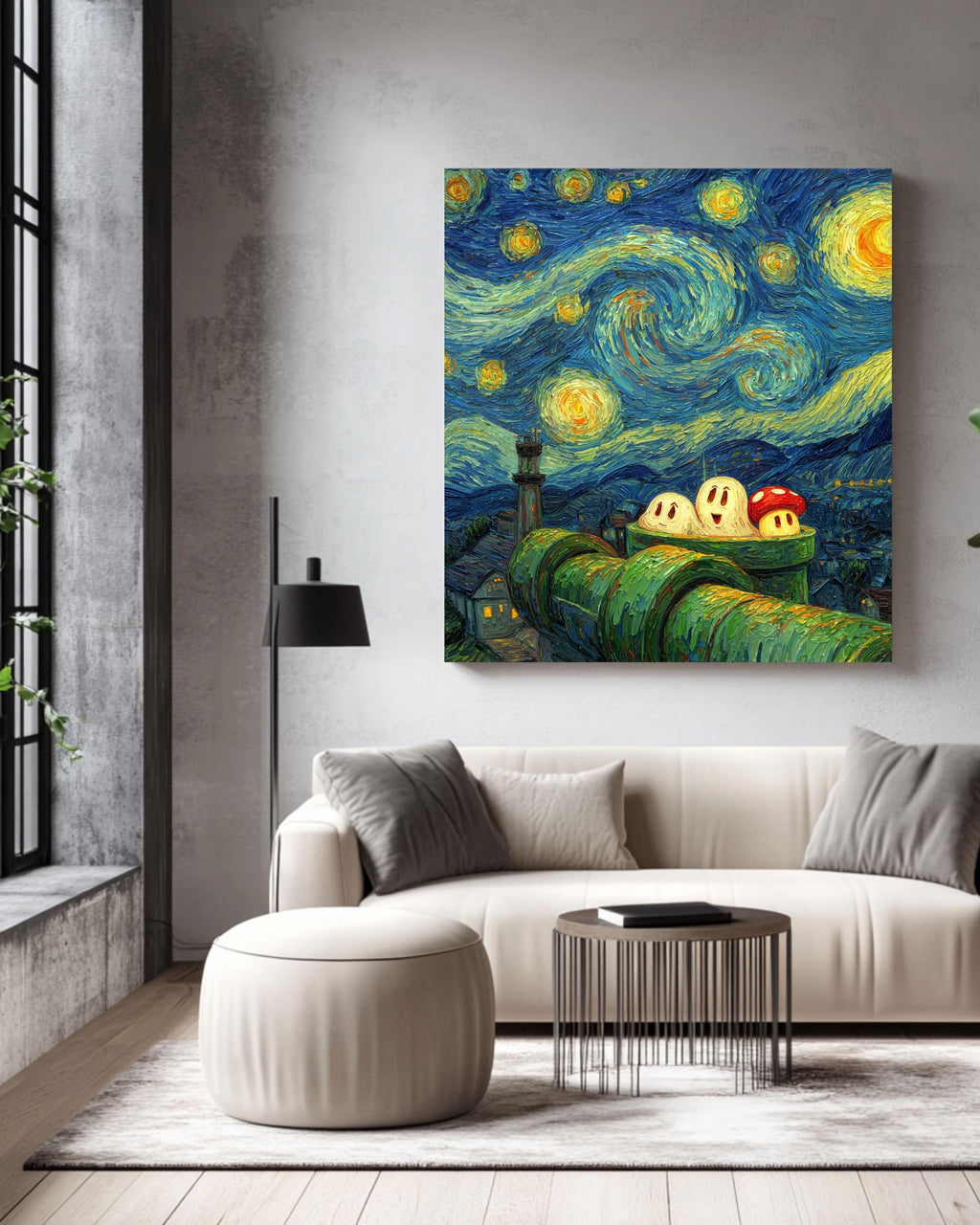 Van Gogh Starry Night Super Mario Canvas: Gamer Room Impasto Art Print