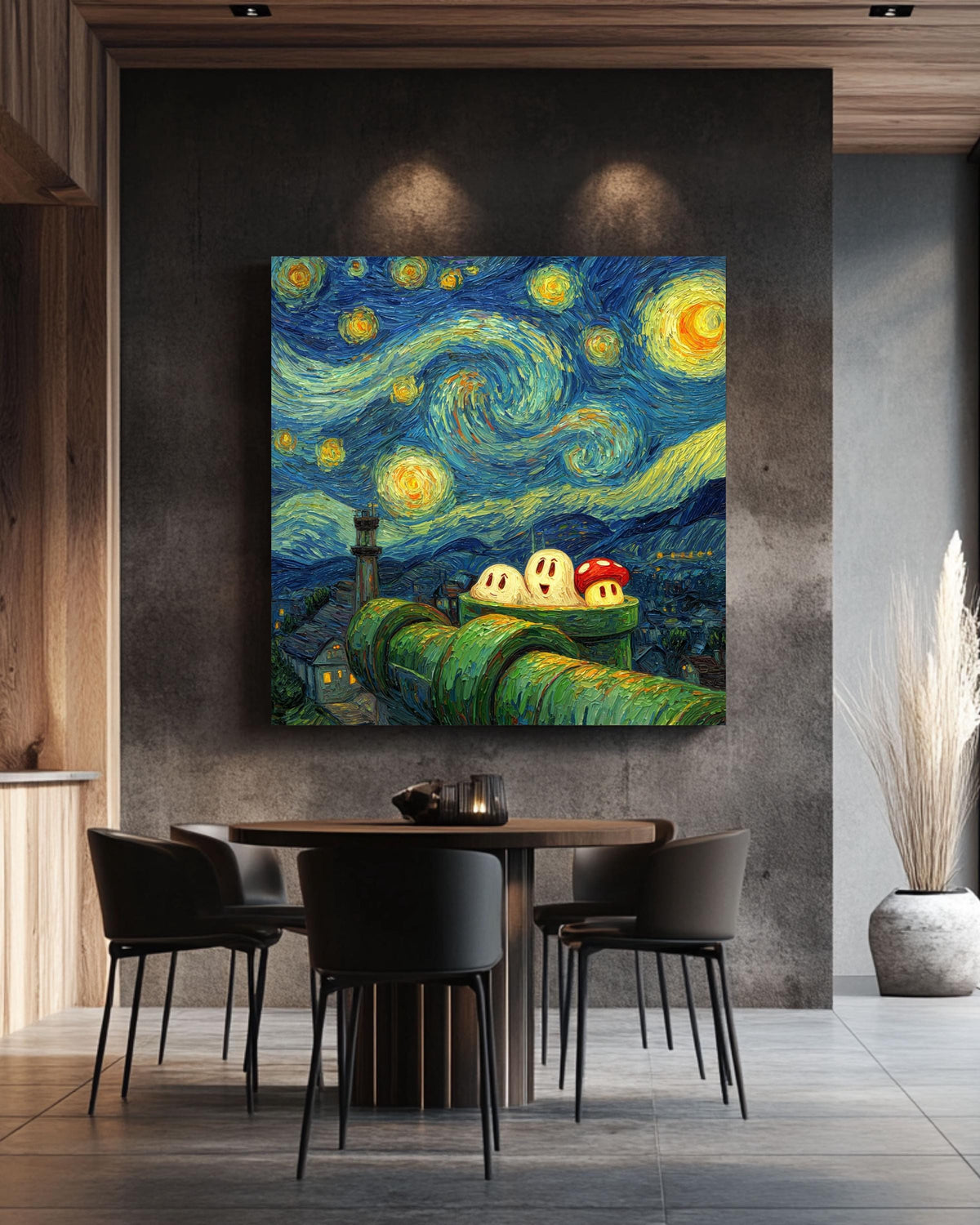 Van Gogh Starry Night Super Mario Canvas: Gamer Room Impasto Art Print