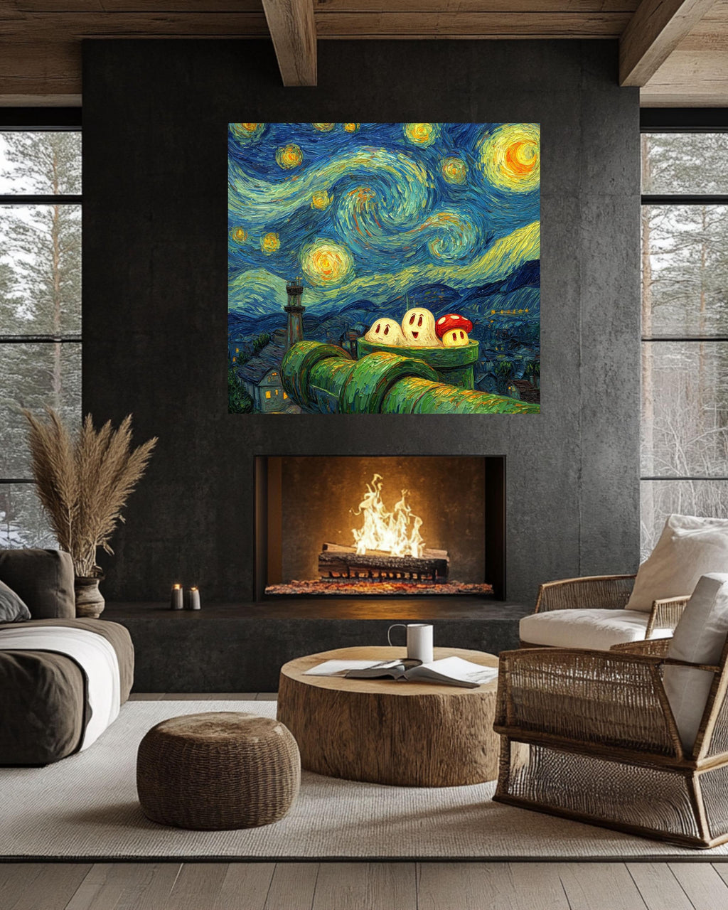 Van Gogh Starry Night Super Mario Canvas: Gamer Room Impasto Art Print