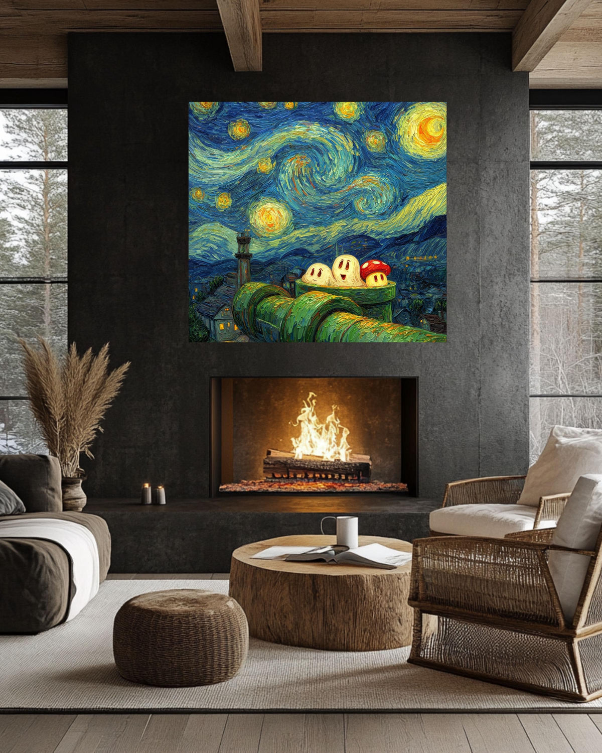 Van Gogh Starry Night Super Mario Canvas: Gamer Room Impasto Art Print