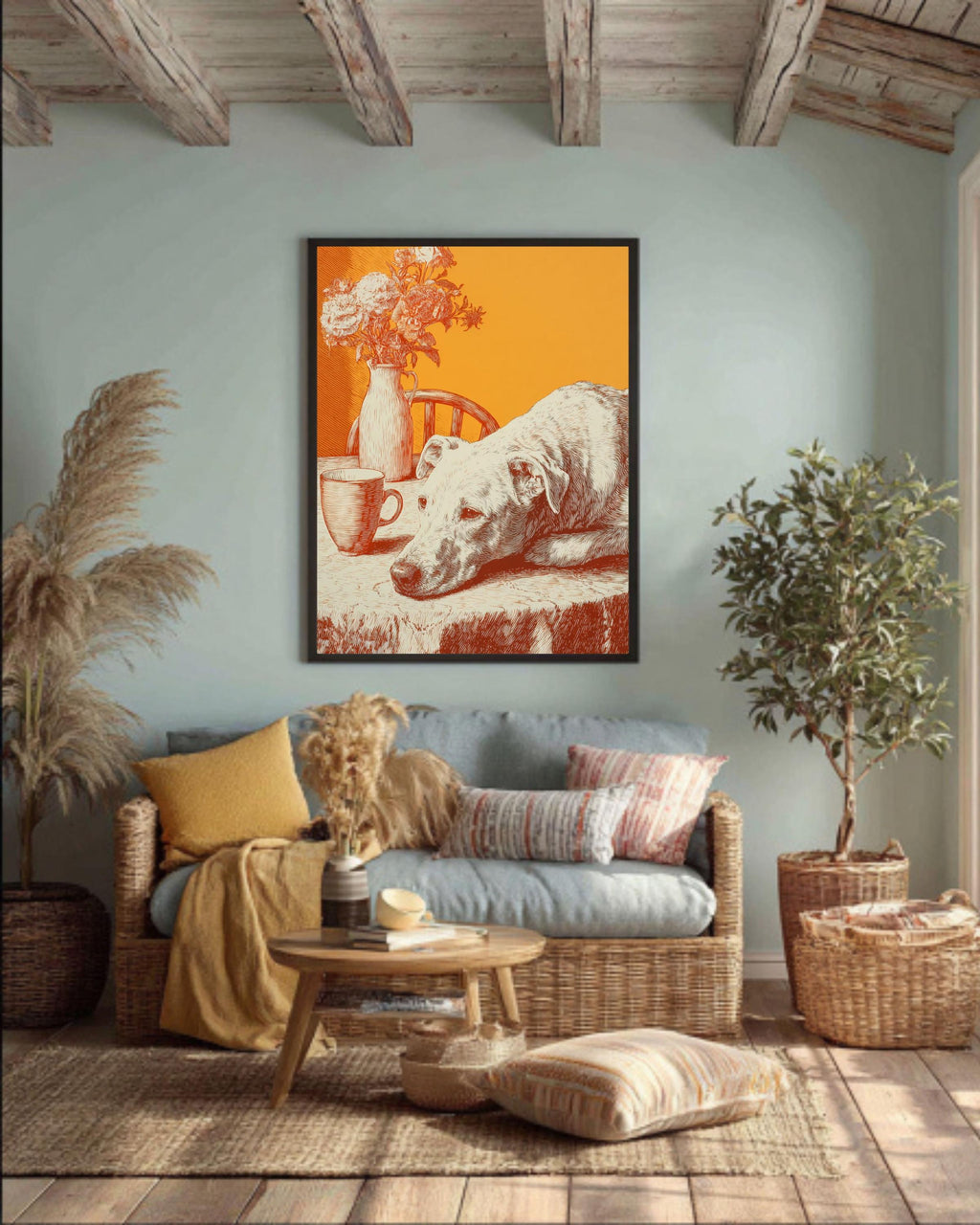 Greyhound Art Canvas: Orange Mid-Century Modern Dog Print