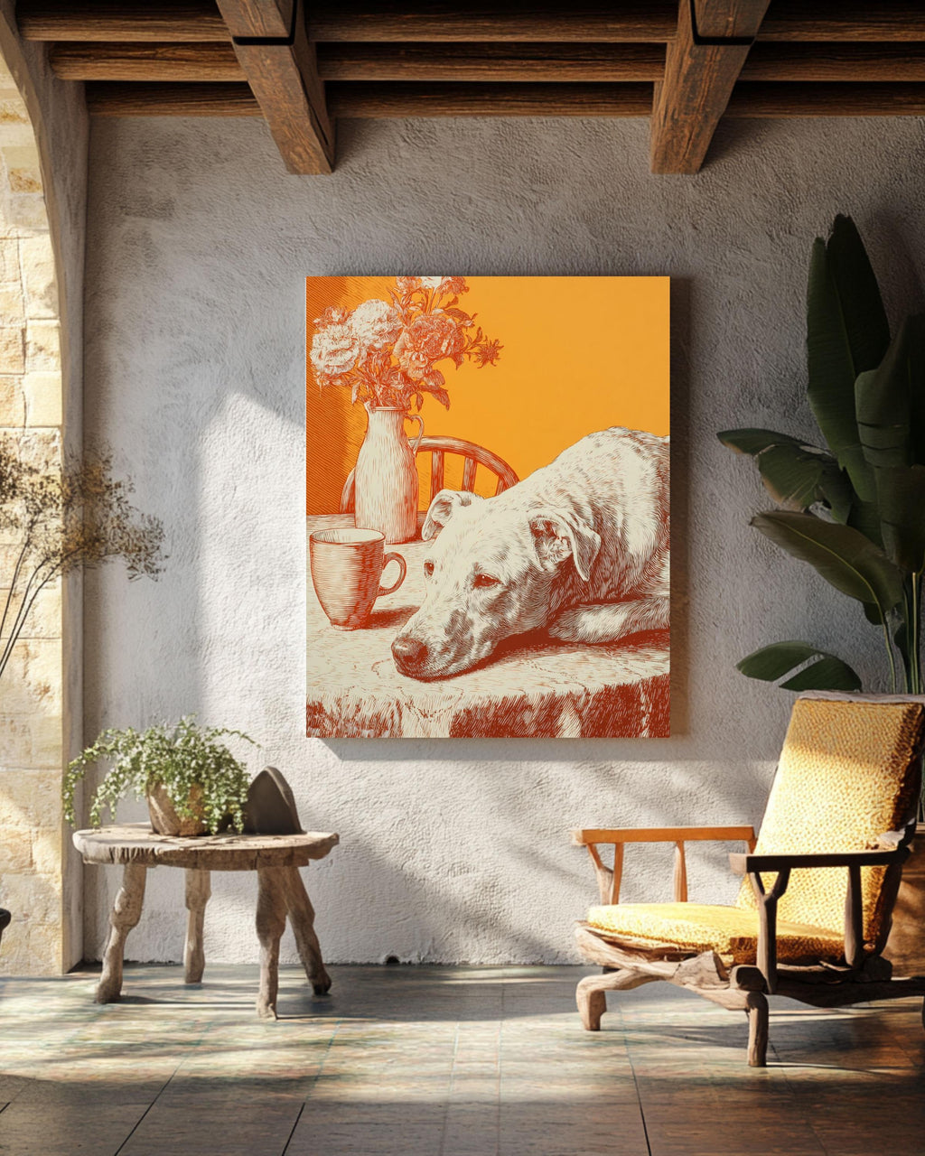 Greyhound Art Canvas: Orange Mid-Century Modern Dog Print