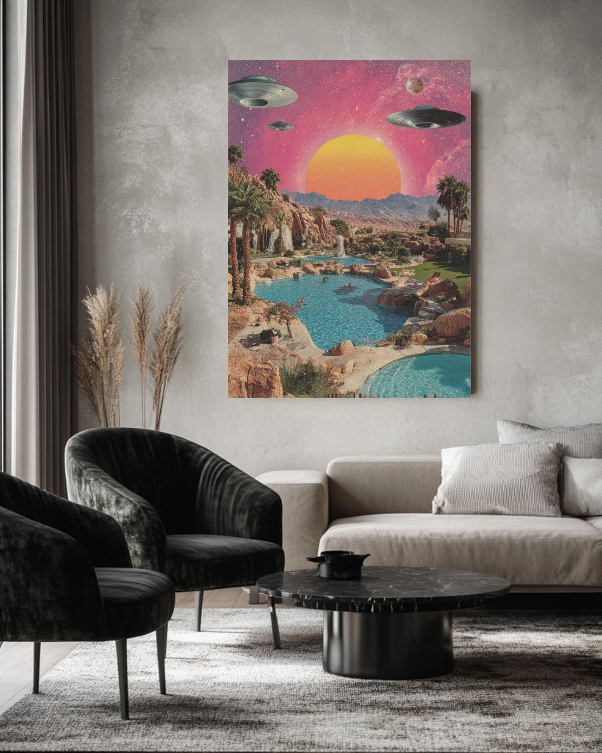 Retro Alien Pool Party Canvas: 80s Vaporwave Sci-Fi Art