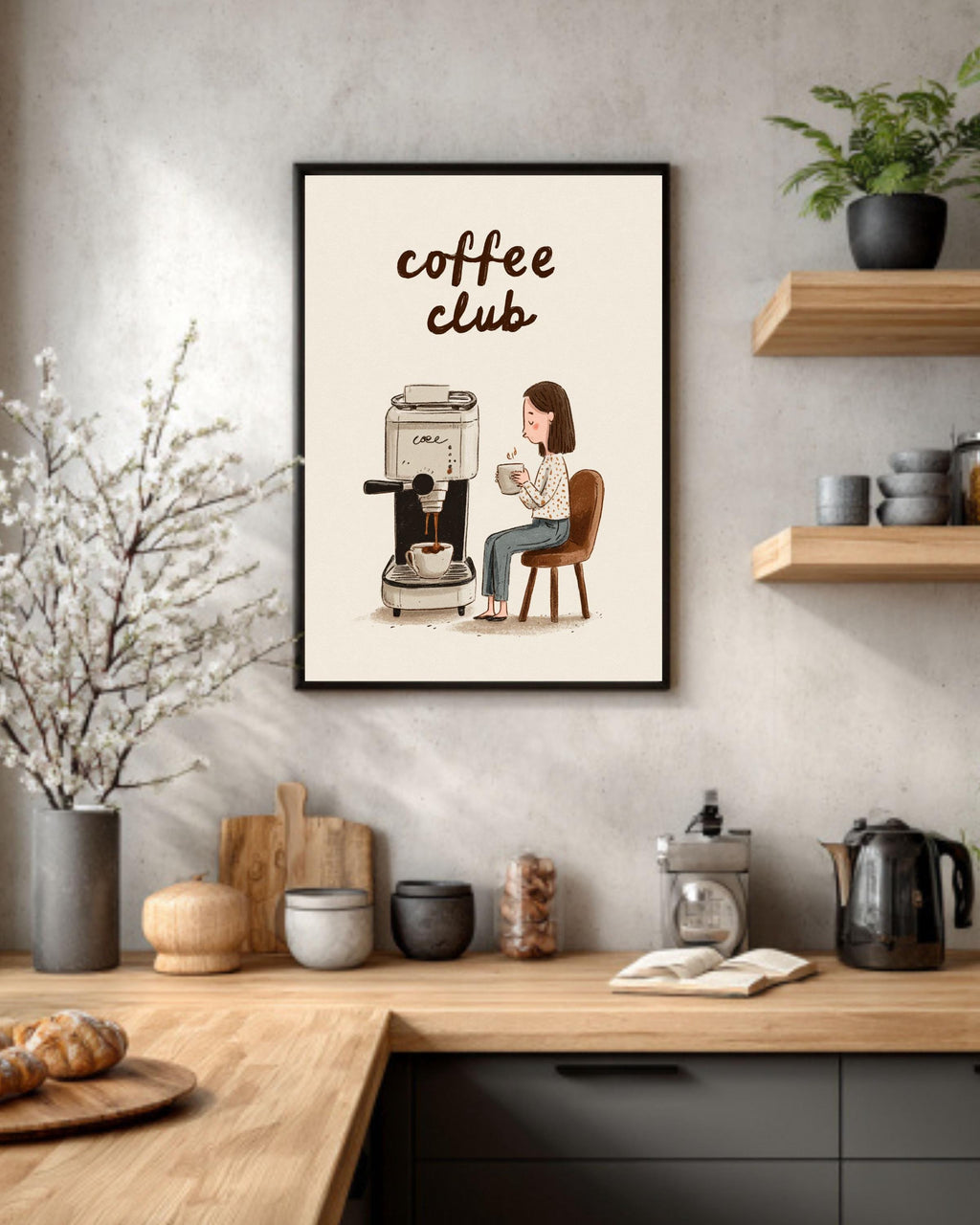 Espresso Machine Canvas Print: Minimalist Coffee Club Kitchen Wall Art