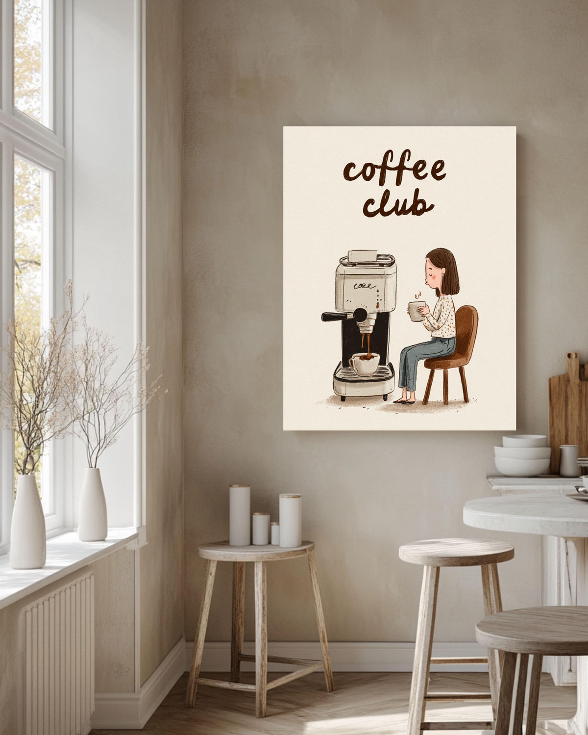 Espresso Machine Canvas Print: Minimalist Coffee Club Kitchen Wall Art