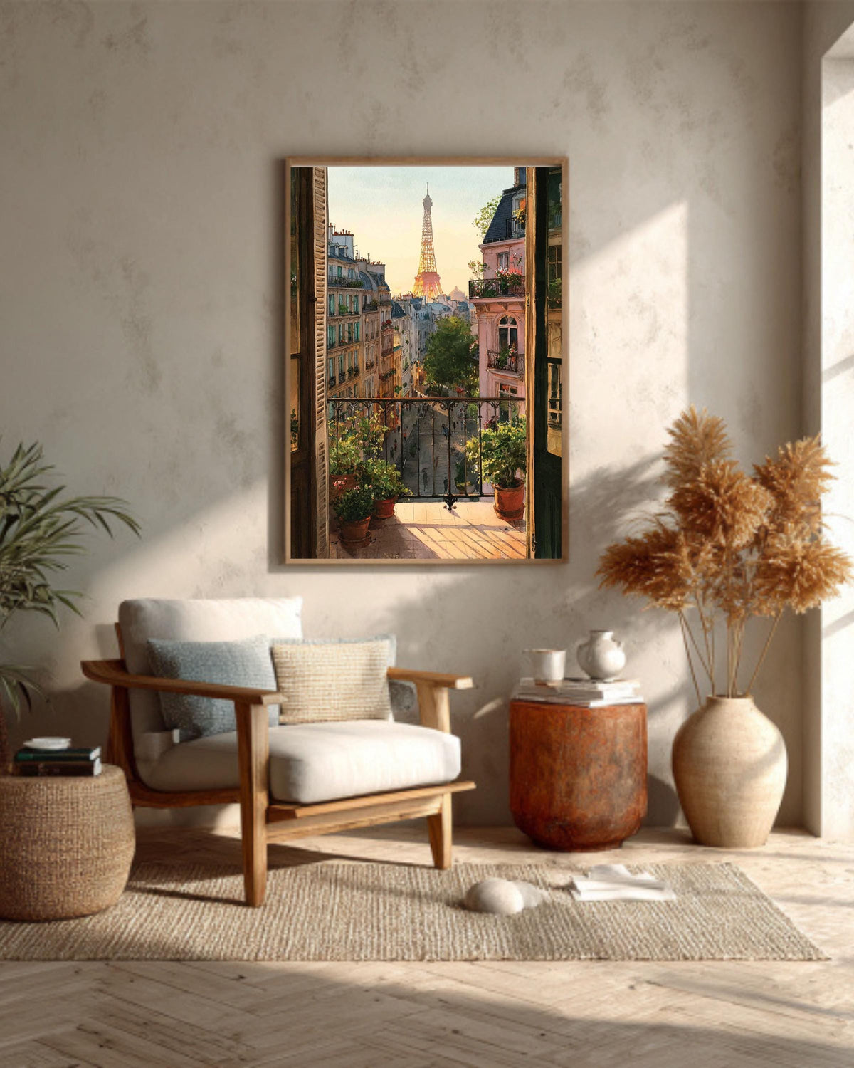 Eiffel Tower Sunset Watercolor Canvas - Paris Balcony View Art