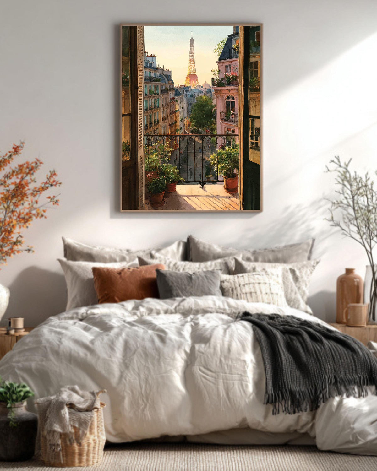 Eiffel Tower Sunset Watercolor Canvas - Paris Balcony View Art