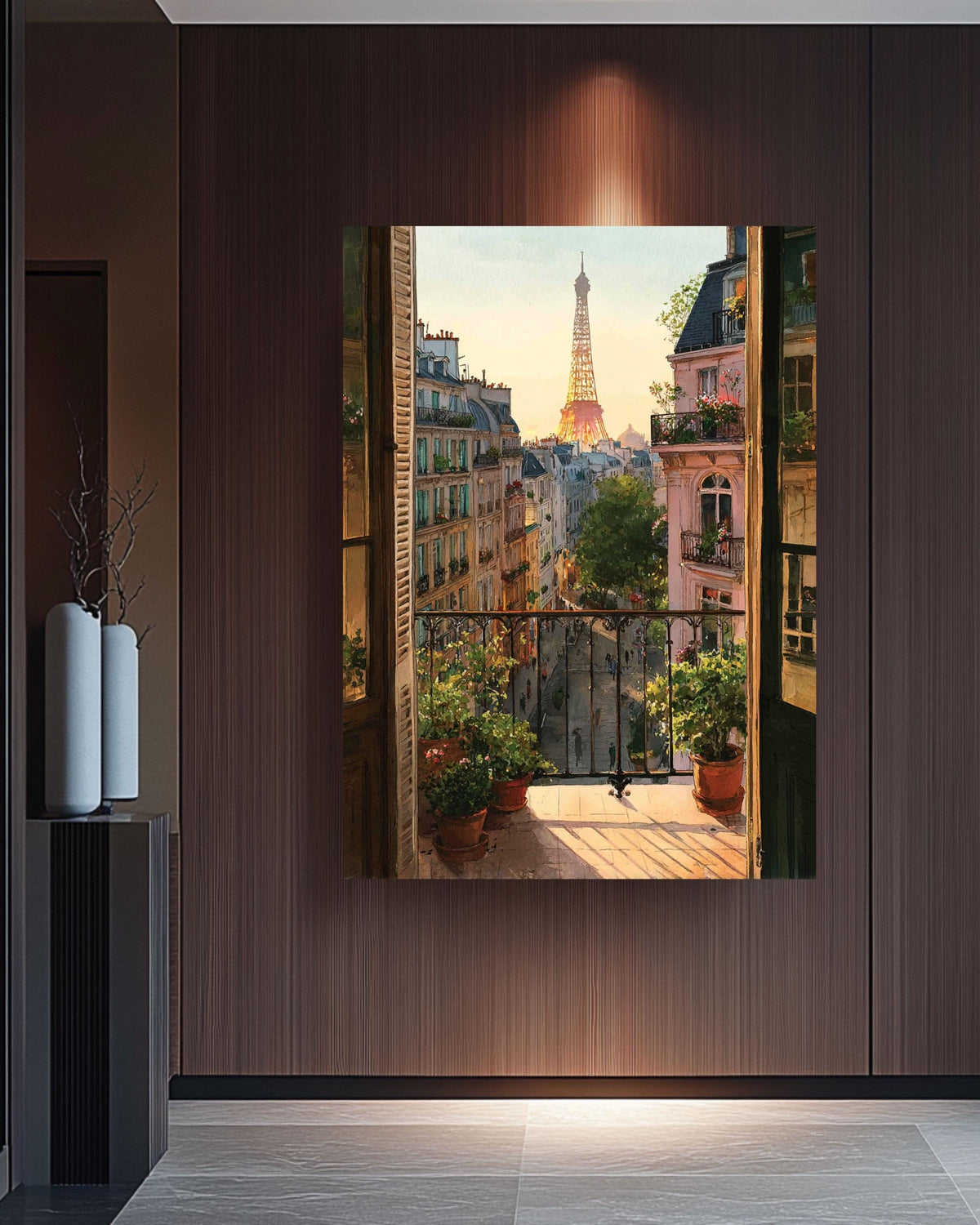 Eiffel Tower Sunset Watercolor Canvas - Paris Balcony View Art