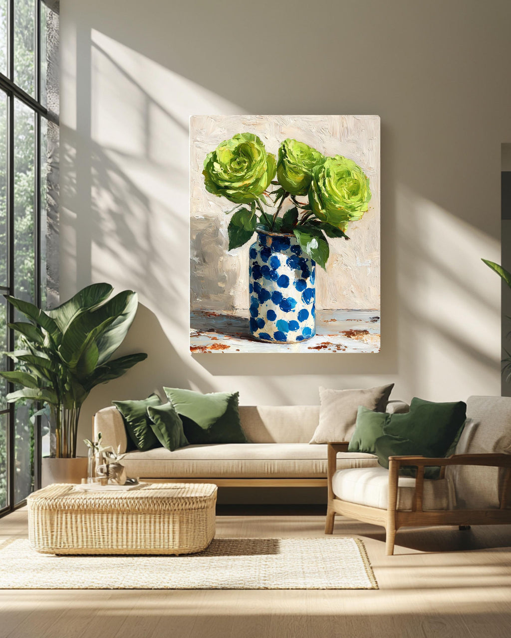 Green Roses Impasto Oil Painting: Blue Polka Dot Vase Canvas Art