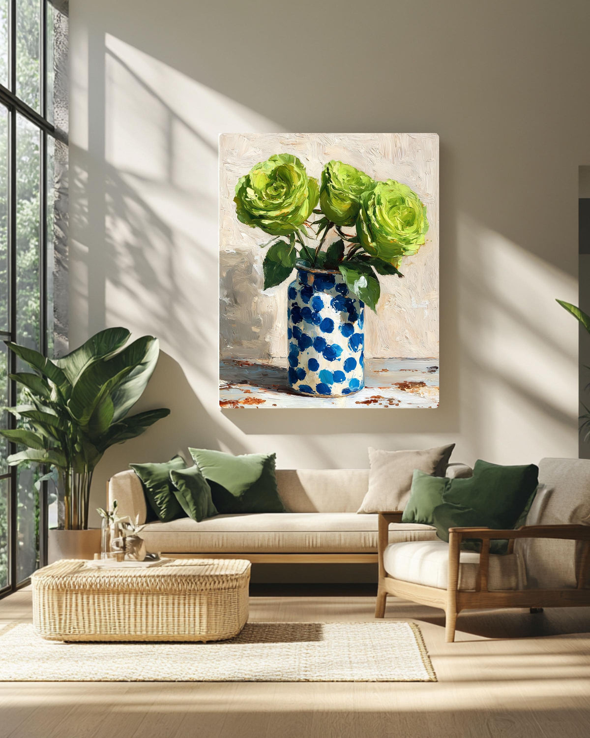 Green Roses Impasto Oil Painting: Blue Polka Dot Vase Canvas Art