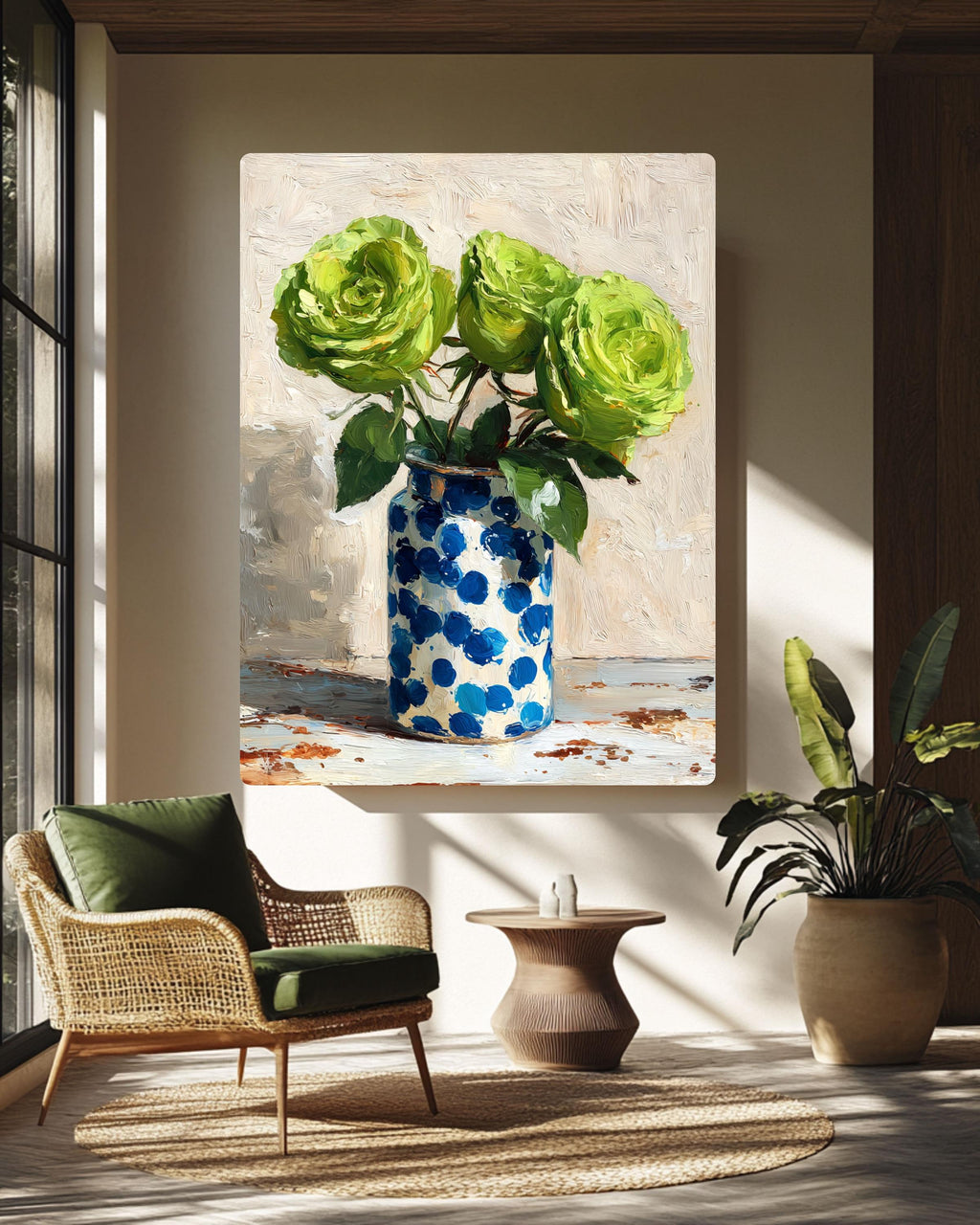 Green Roses Impasto Oil Painting: Blue Polka Dot Vase Canvas Art