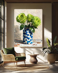 Green Roses Impasto Oil Painting: Blue Polka Dot Vase Canvas Art
