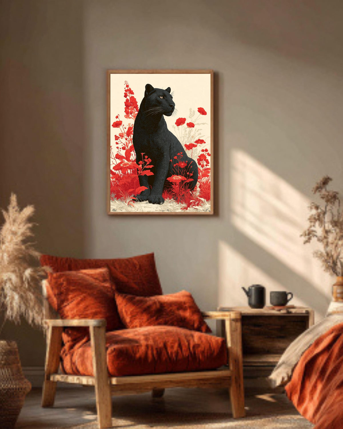 Black Leopard Canvas Print: Red Floral Botanical Animal Portrait