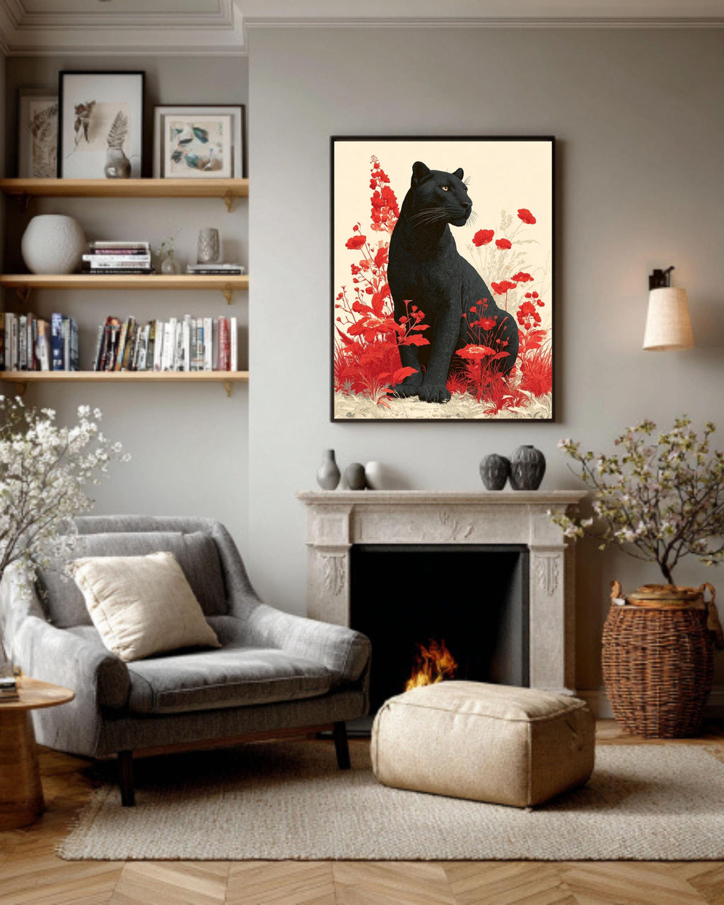 Black Leopard Canvas Print: Red Floral Botanical Animal Portrait
